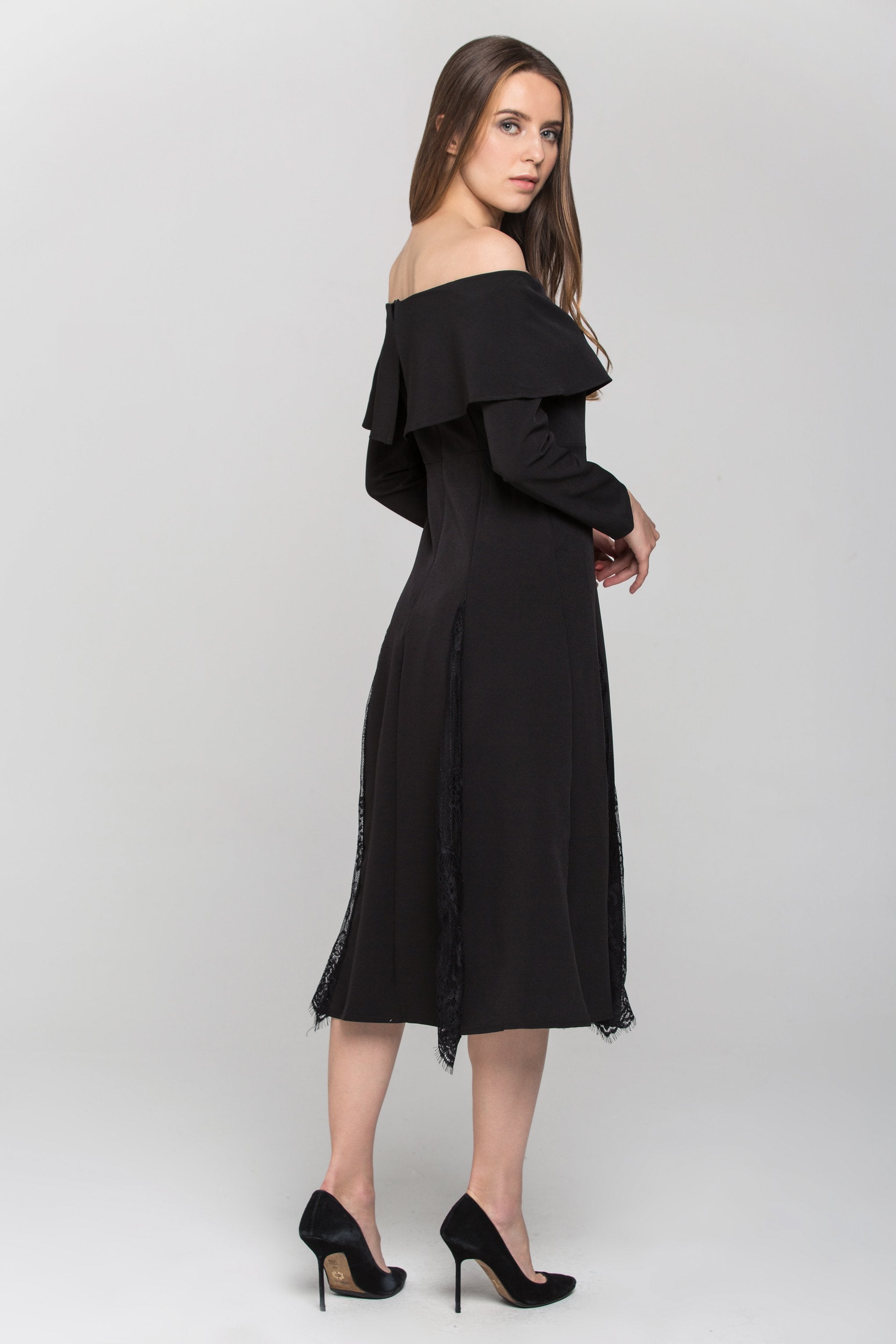 Black Sleeved Bardot Lace Panel Maxi Dress - ownthelooks-Development