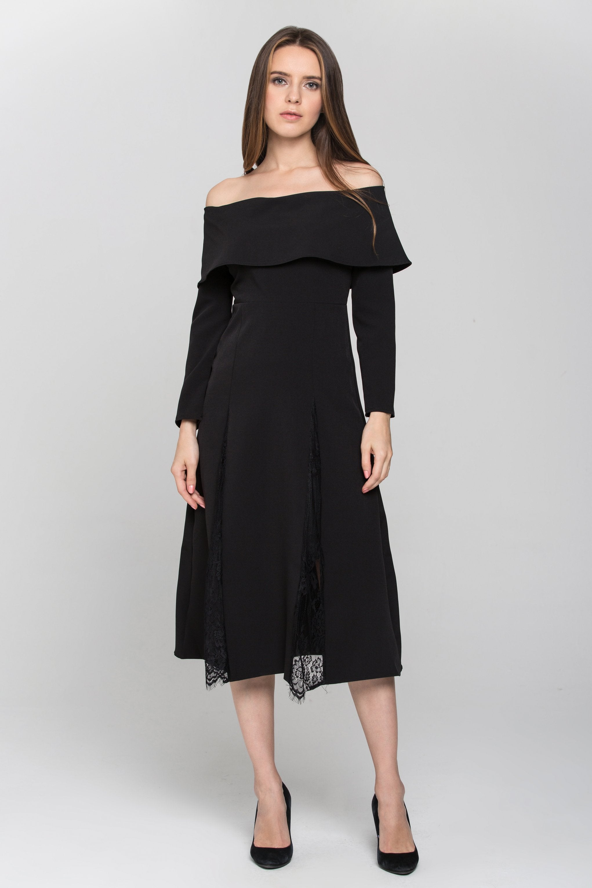 Black Sleeved Bardot Lace Panel Maxi Dress - ownthelooks-Development