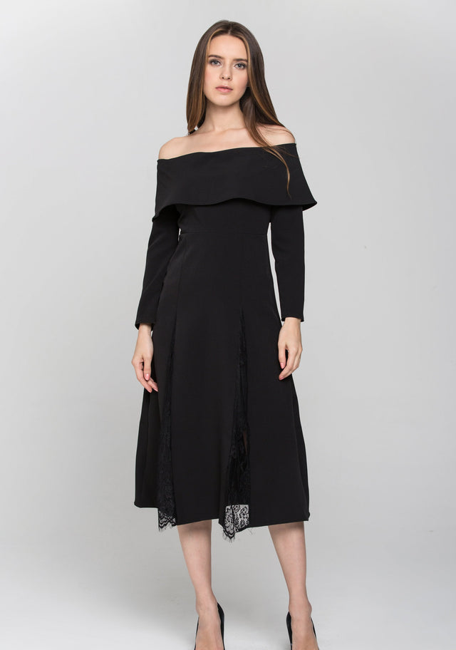 Black Sleeved Bardot Lace Panel Maxi Dress - ownthelooks-Development