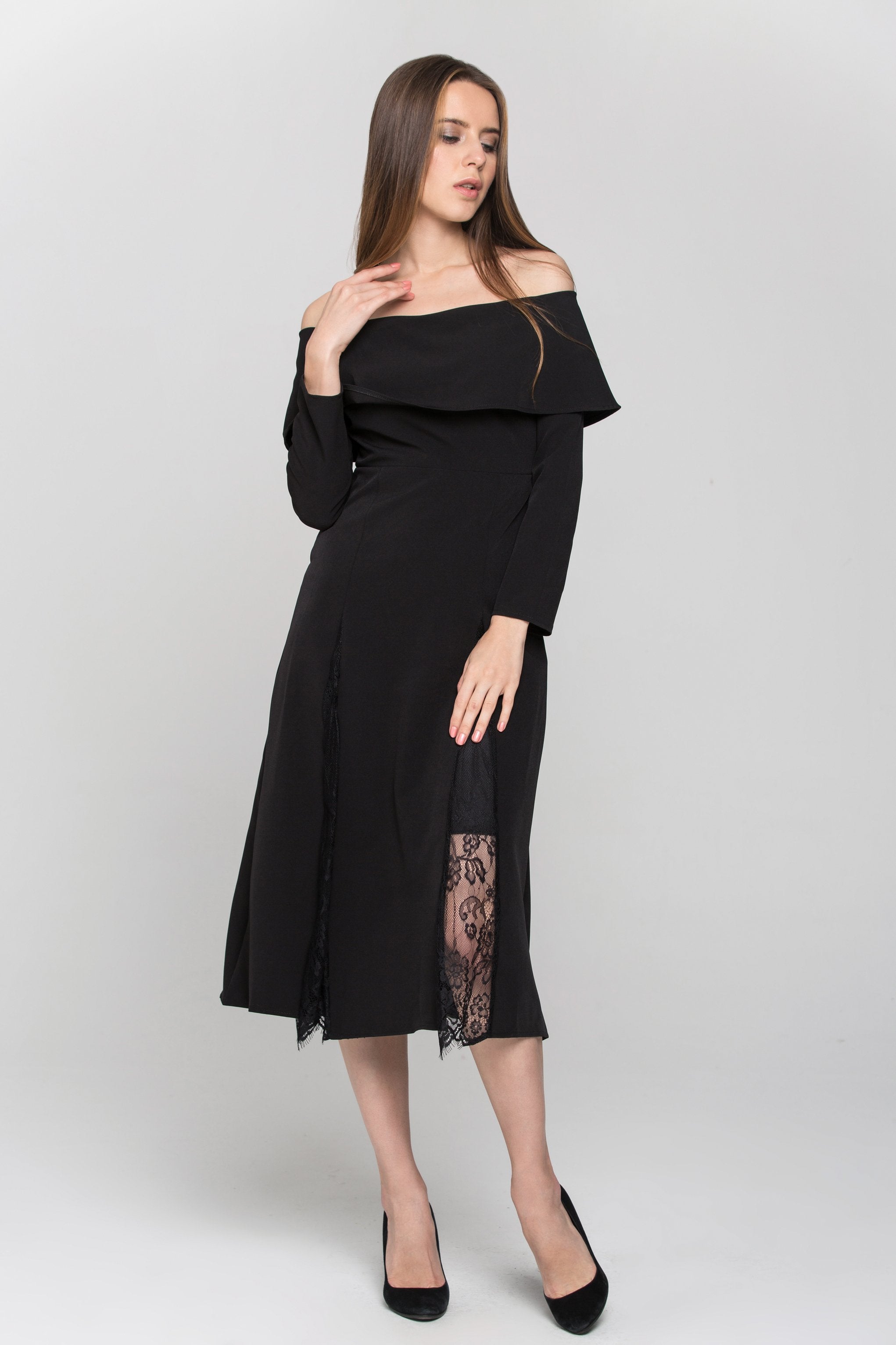 Black Sleeved Bardot Lace Panel Maxi Dress - ownthelooks-Development
