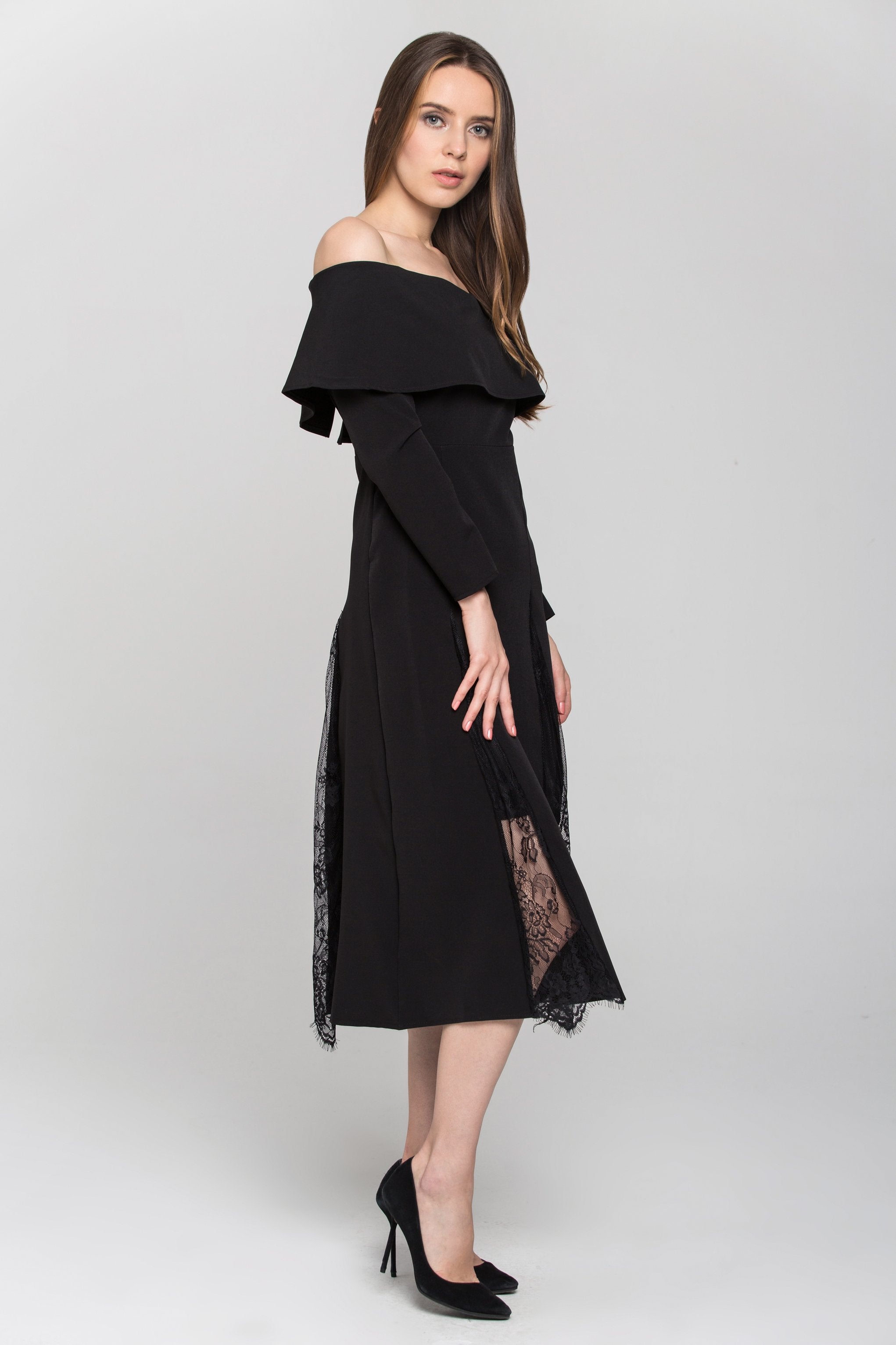 Black Sleeved Bardot Lace Panel Maxi Dress - ownthelooks-Development