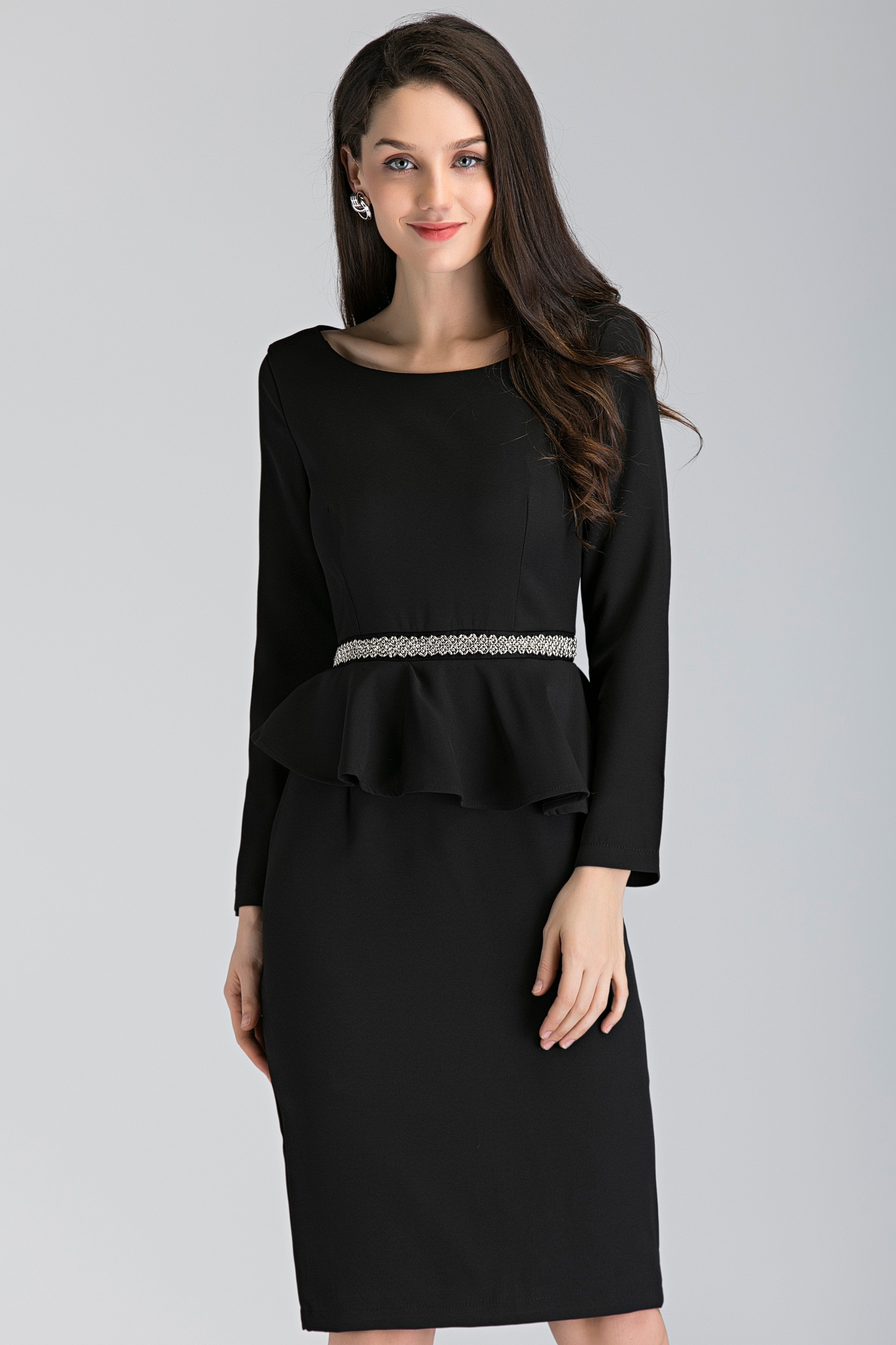 Black Sleeved Jewel Waist Peplum Midi Dress - ownthelooks-Development