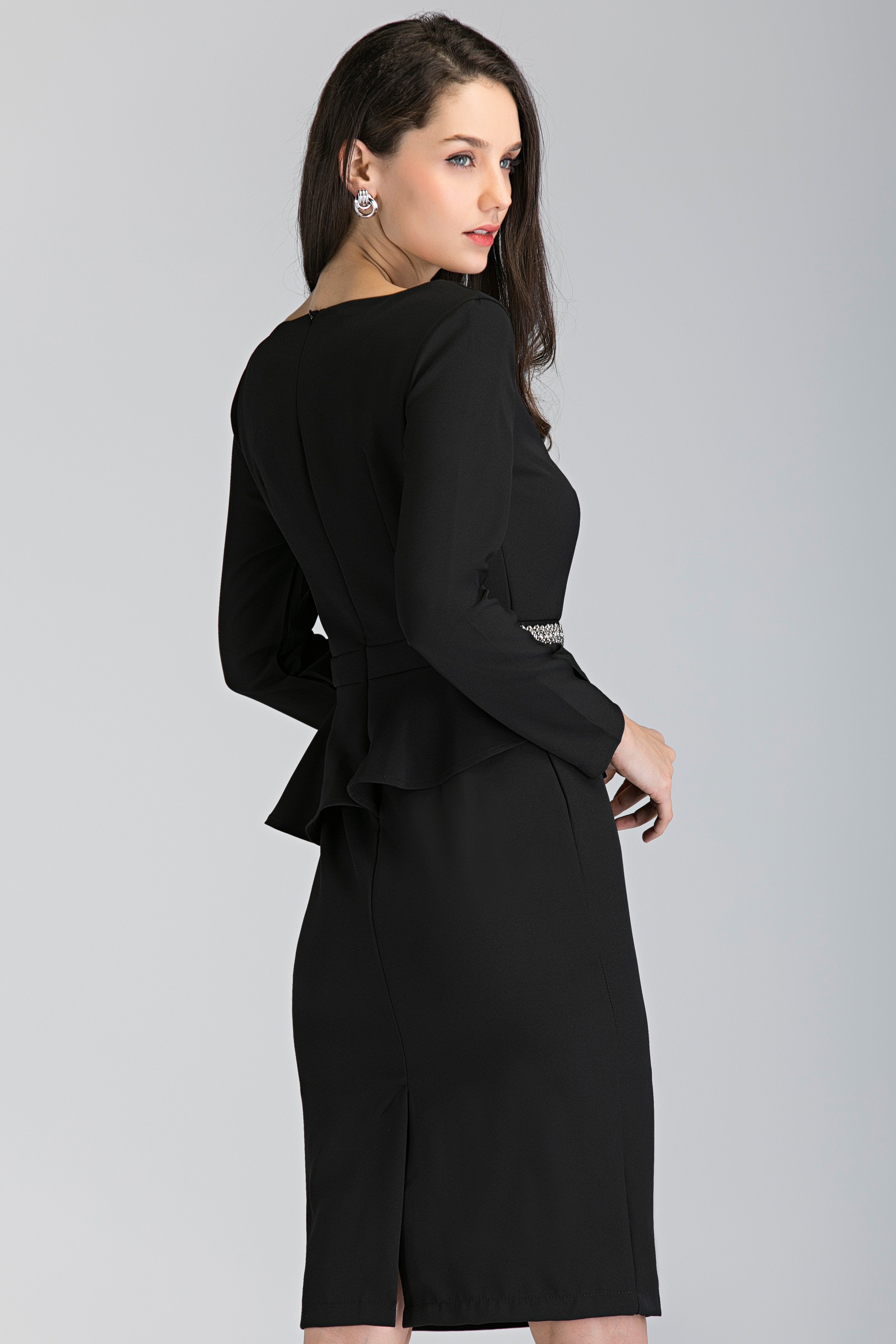Black Sleeved Jewel Waist Peplum Midi Dress - ownthelooks-Development
