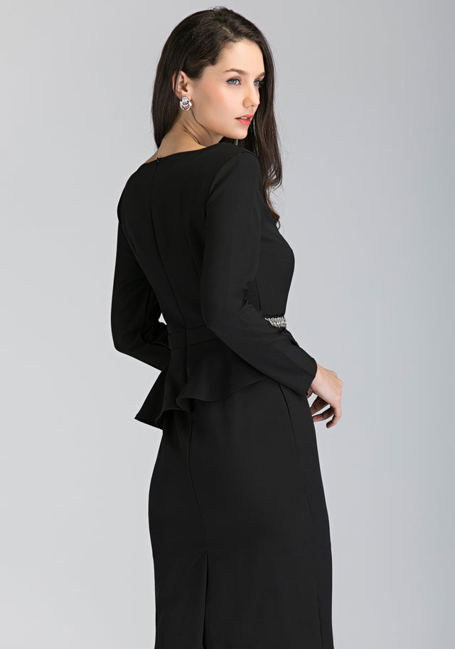 Black Sleeved Jewel Waist Peplum Midi Dress - ownthelooks-Development