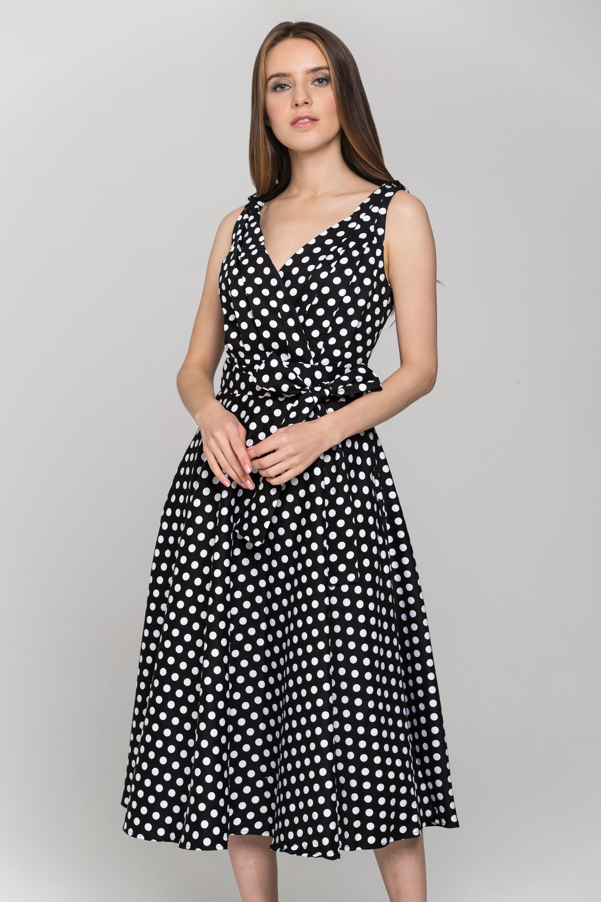 Black Sleeveless Polka dot Midi Dress - ownthelooks-Development