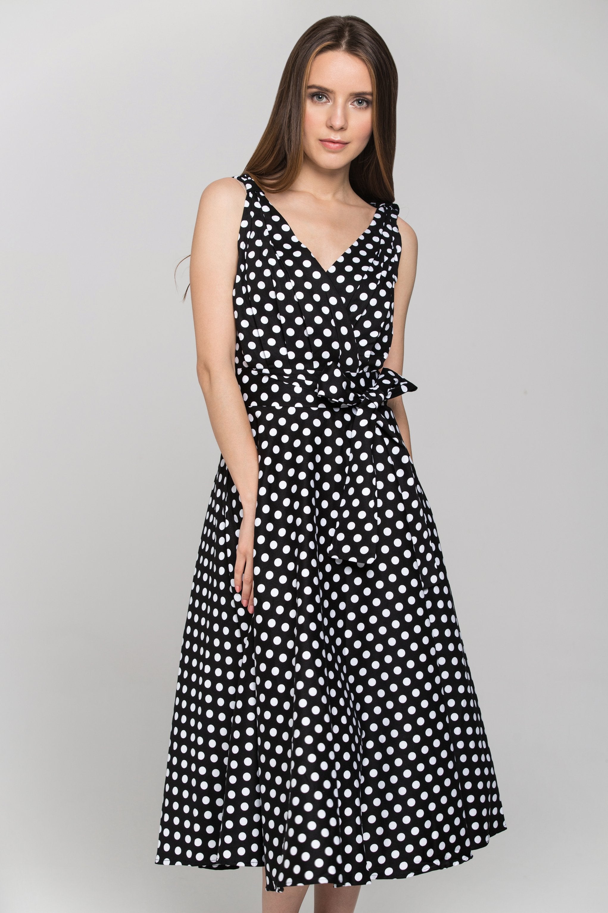 Black Sleeveless Polka dot Midi Dress - ownthelooks-Development