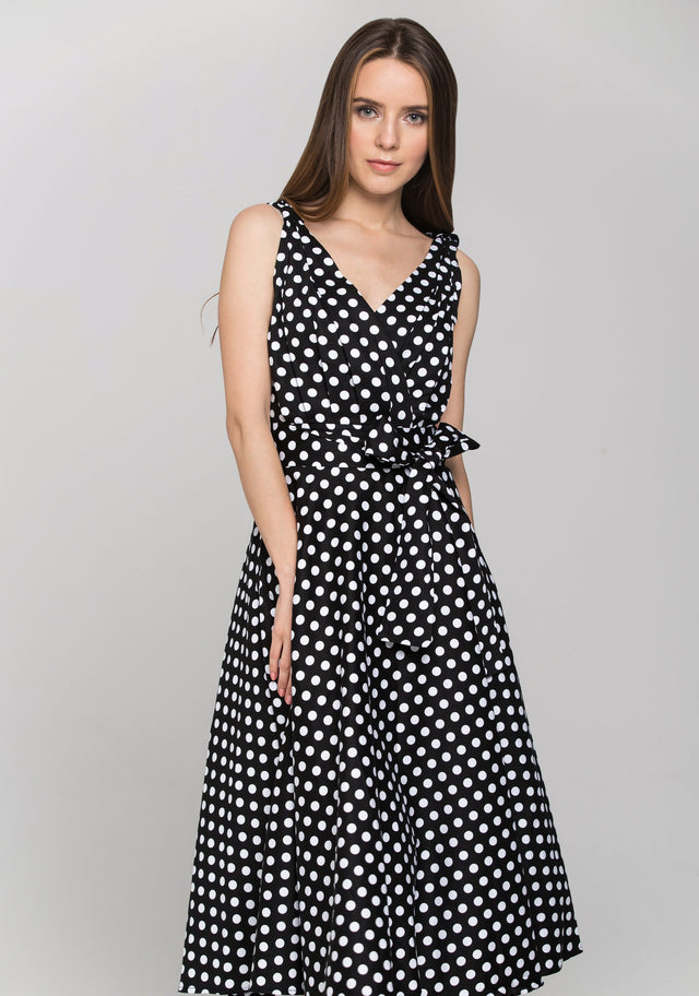 Black Sleeveless Polka dot Midi Dress - ownthelooks-Development