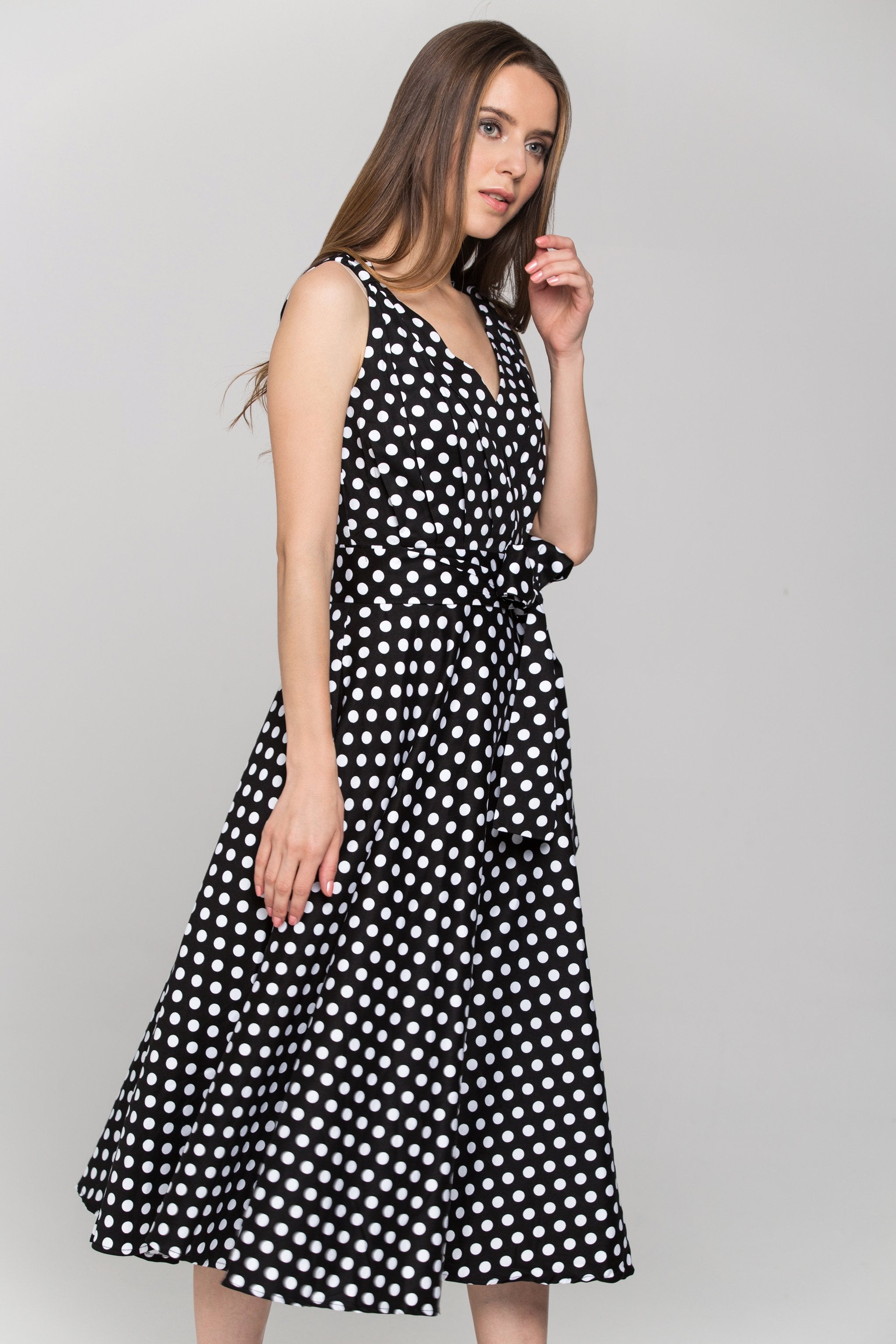 Black Sleeveless Polka dot Midi Dress - ownthelooks-Development