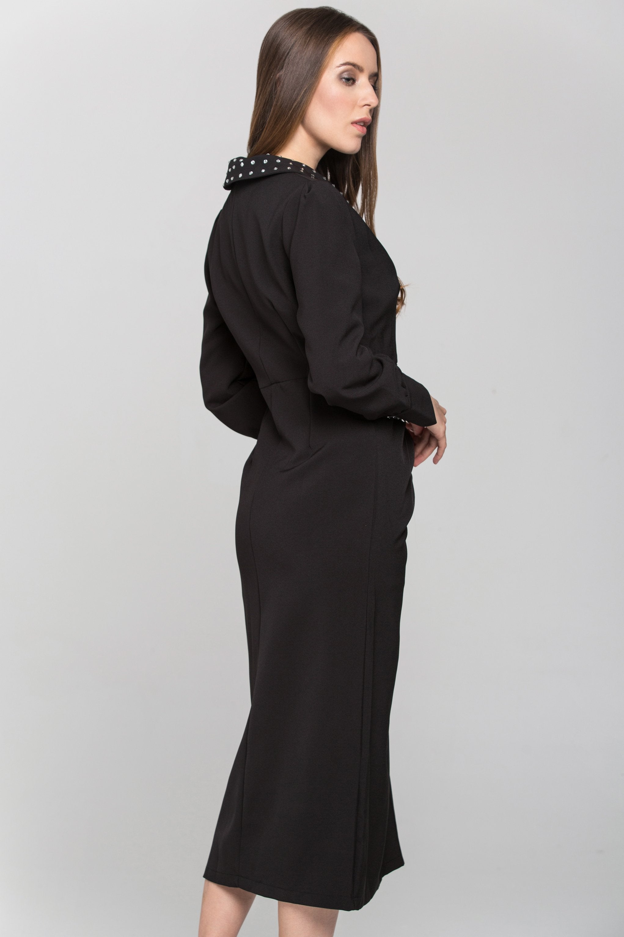Black Studded Collar Side Button Midi Dress - ownthelooks-Development