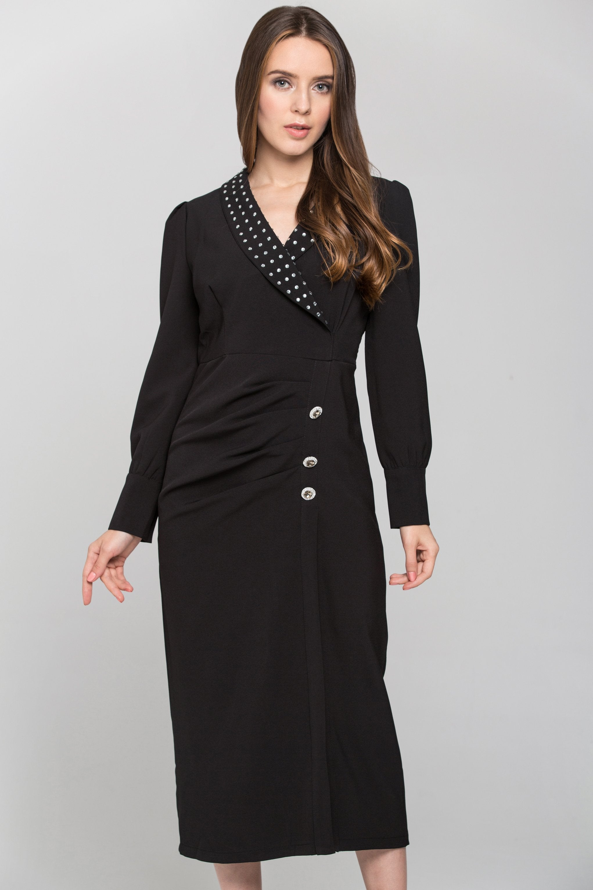 Black Studded Collar Side Button Midi Dress - ownthelooks-Development
