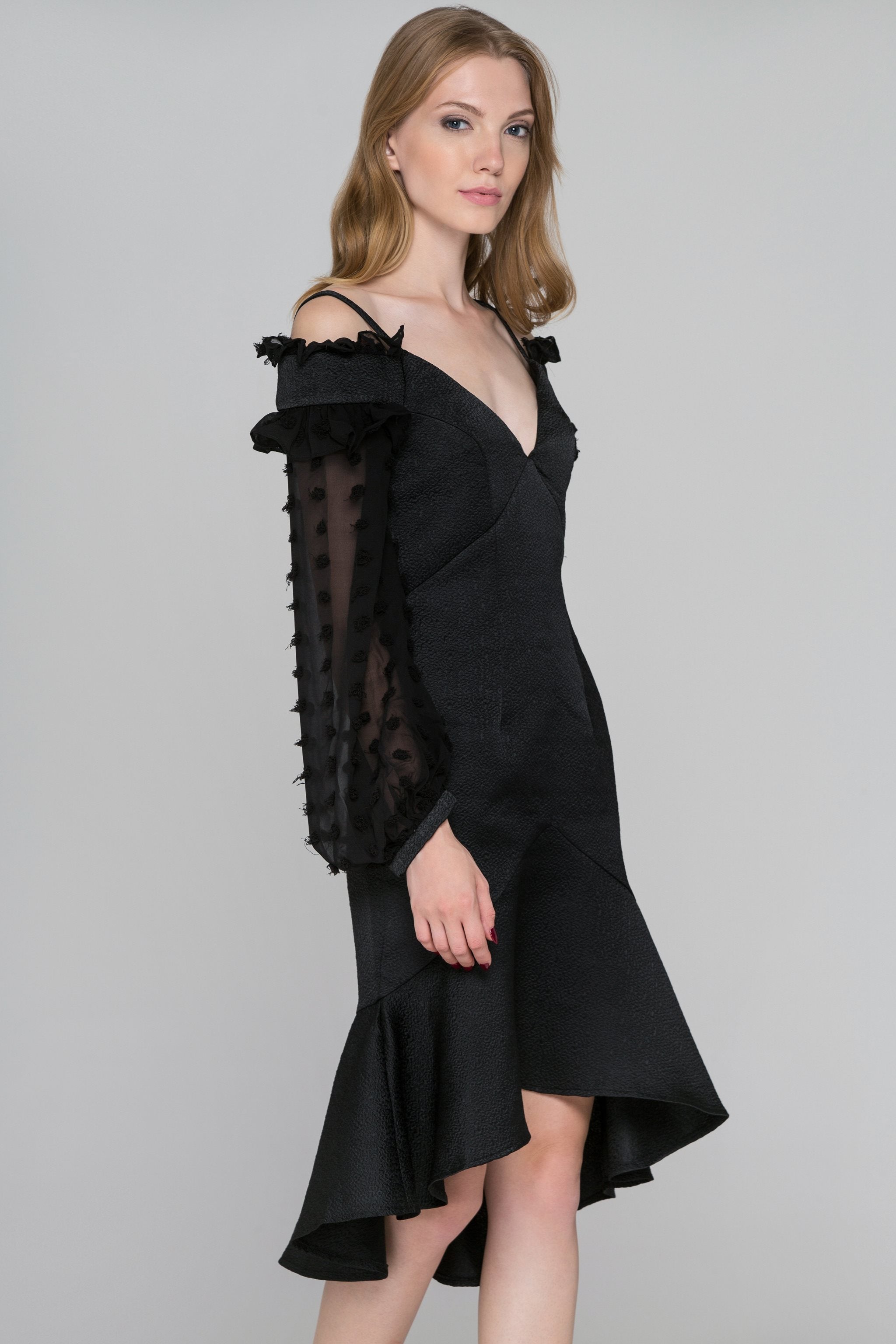 Black Swan Sheer Puff Sleeve Midi Dress - ownthelooks-Development