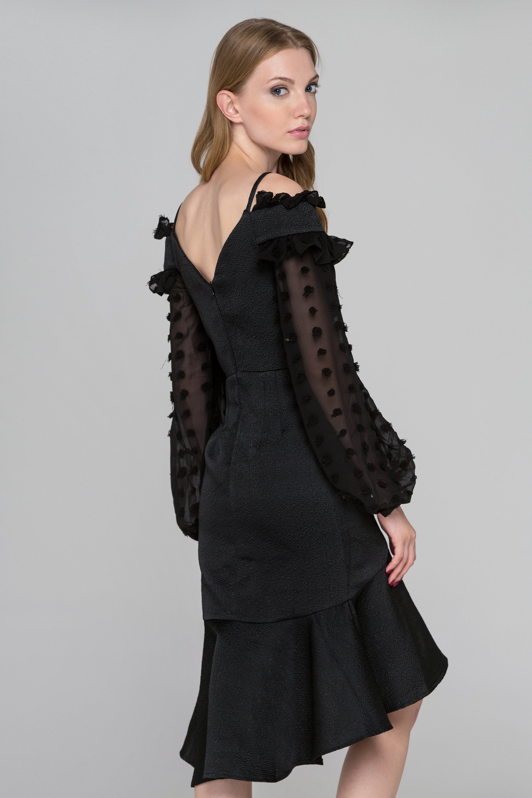 Black Swan Sheer Puff Sleeve Midi Dress - ownthelooks-Development