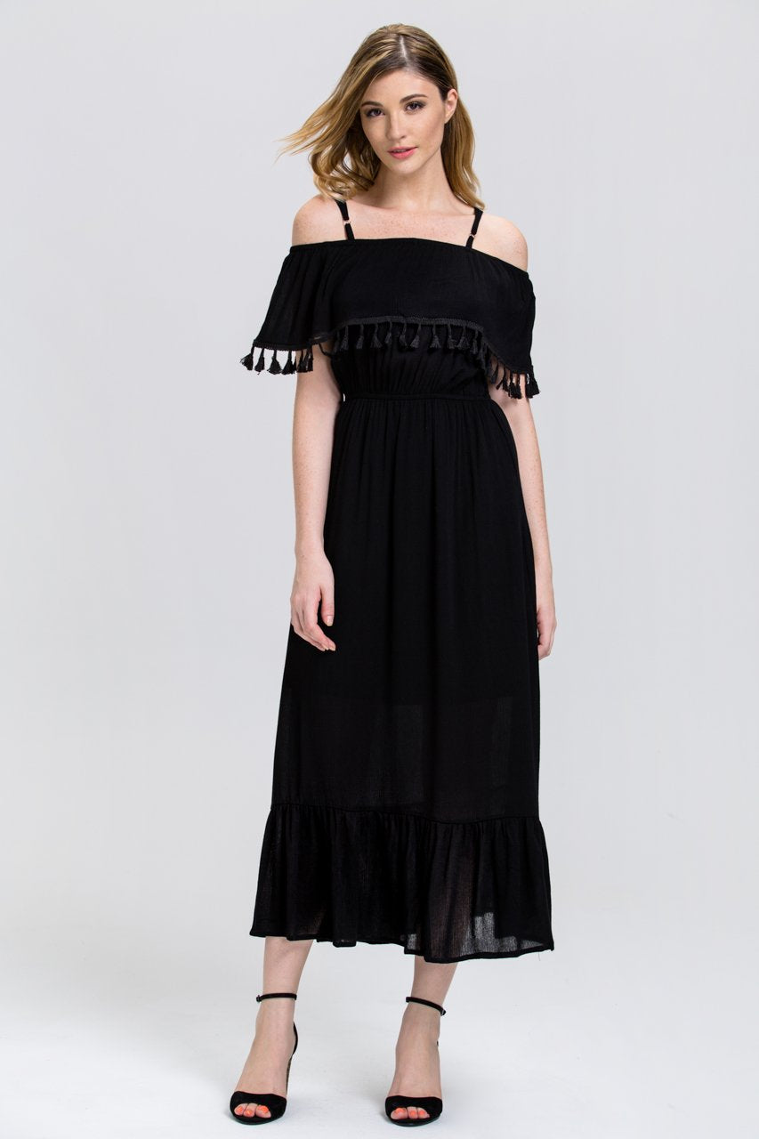 Black Tassel Trim off the Shoulder Summer Maxi Dress - ownthelooks-Development