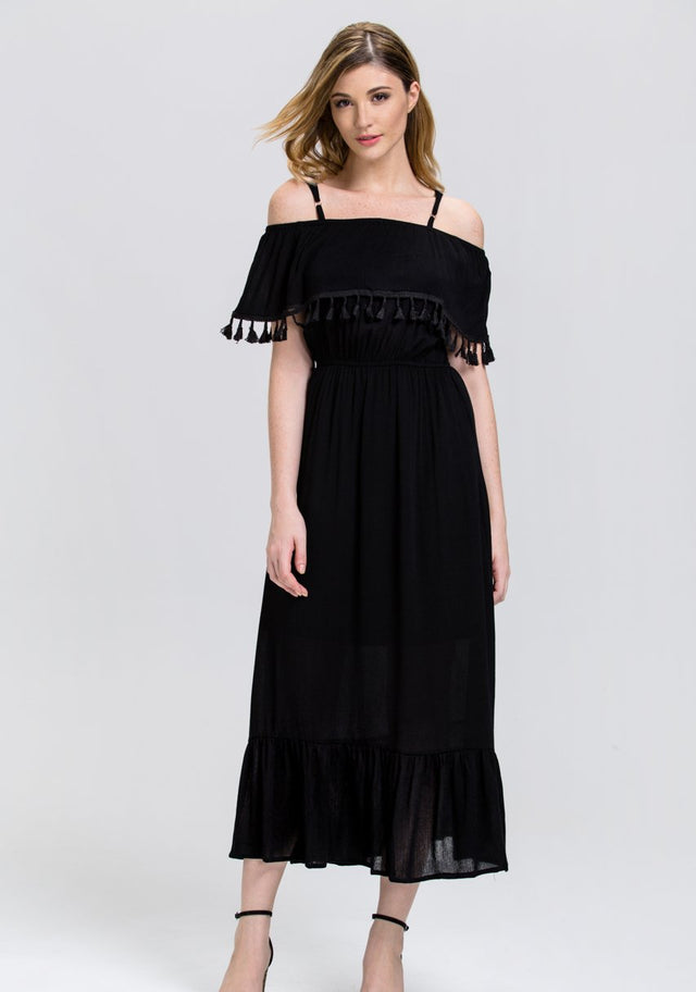 Black Tassel Trim off the Shoulder Summer Maxi Dress - ownthelooks-Development