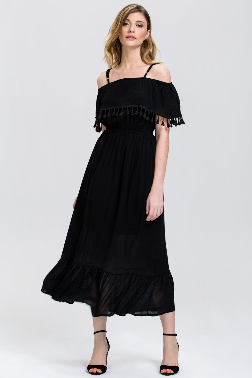 Black Tassel Trim off the Shoulder Summer Maxi Dress - ownthelooks-Development