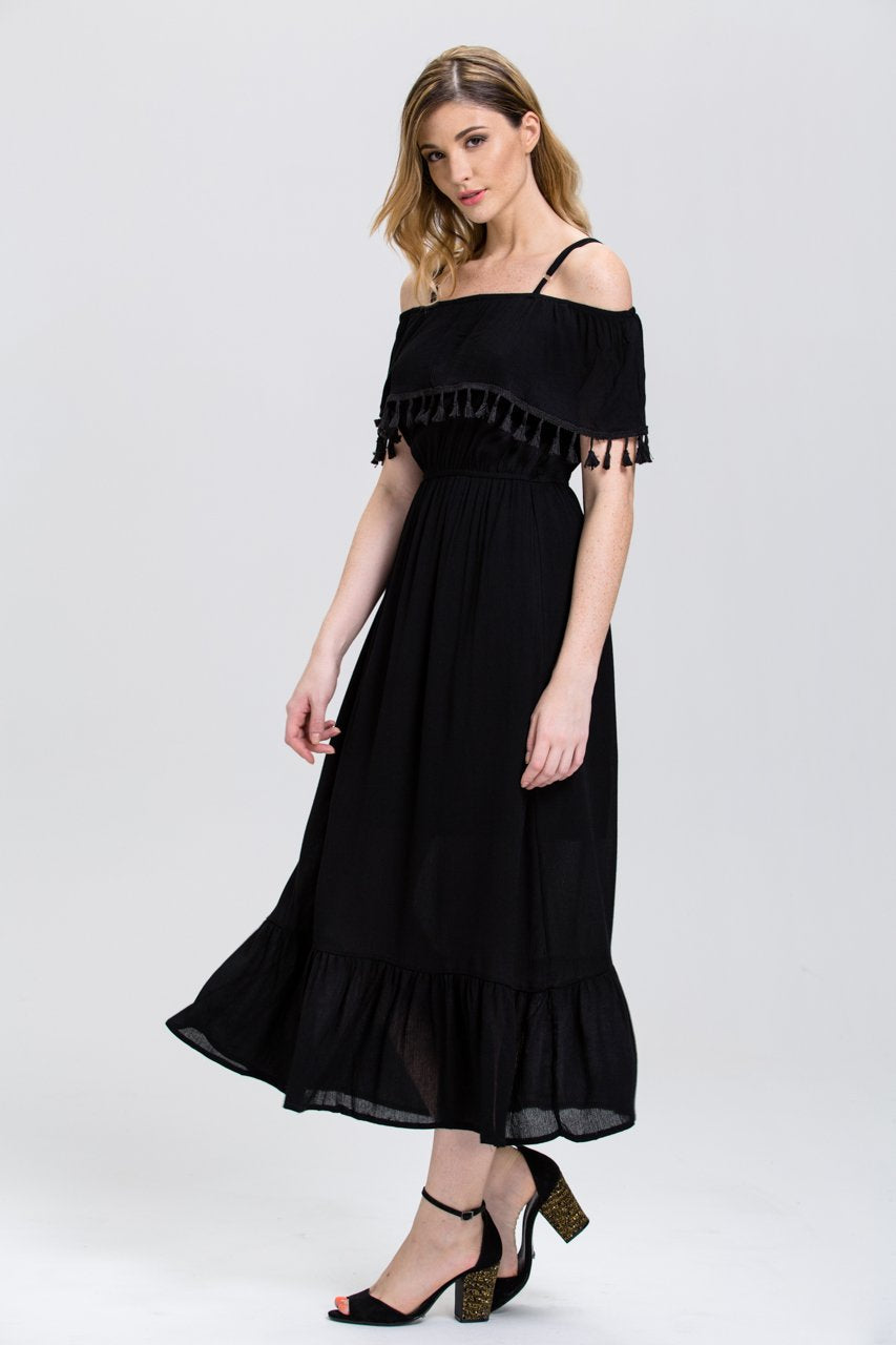 Black Tassel Trim off the Shoulder Summer Maxi Dress - ownthelooks-Development