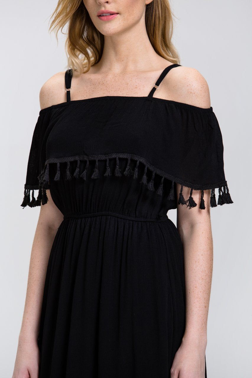Black Tassel Trim off the Shoulder Summer Maxi Dress - ownthelooks-Development