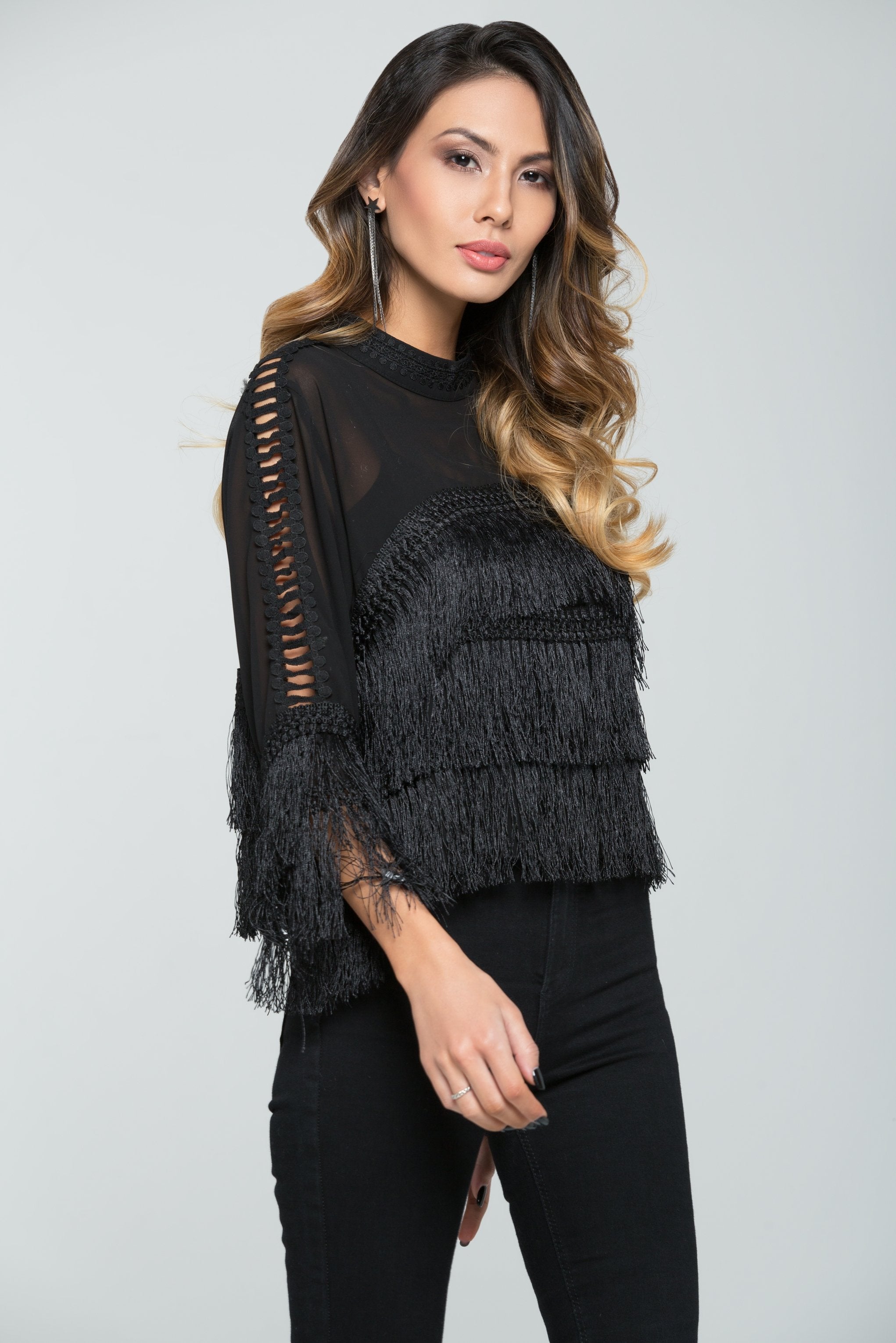 Black Thread-detail Sheer Yoke Top - ownthelooks-Development