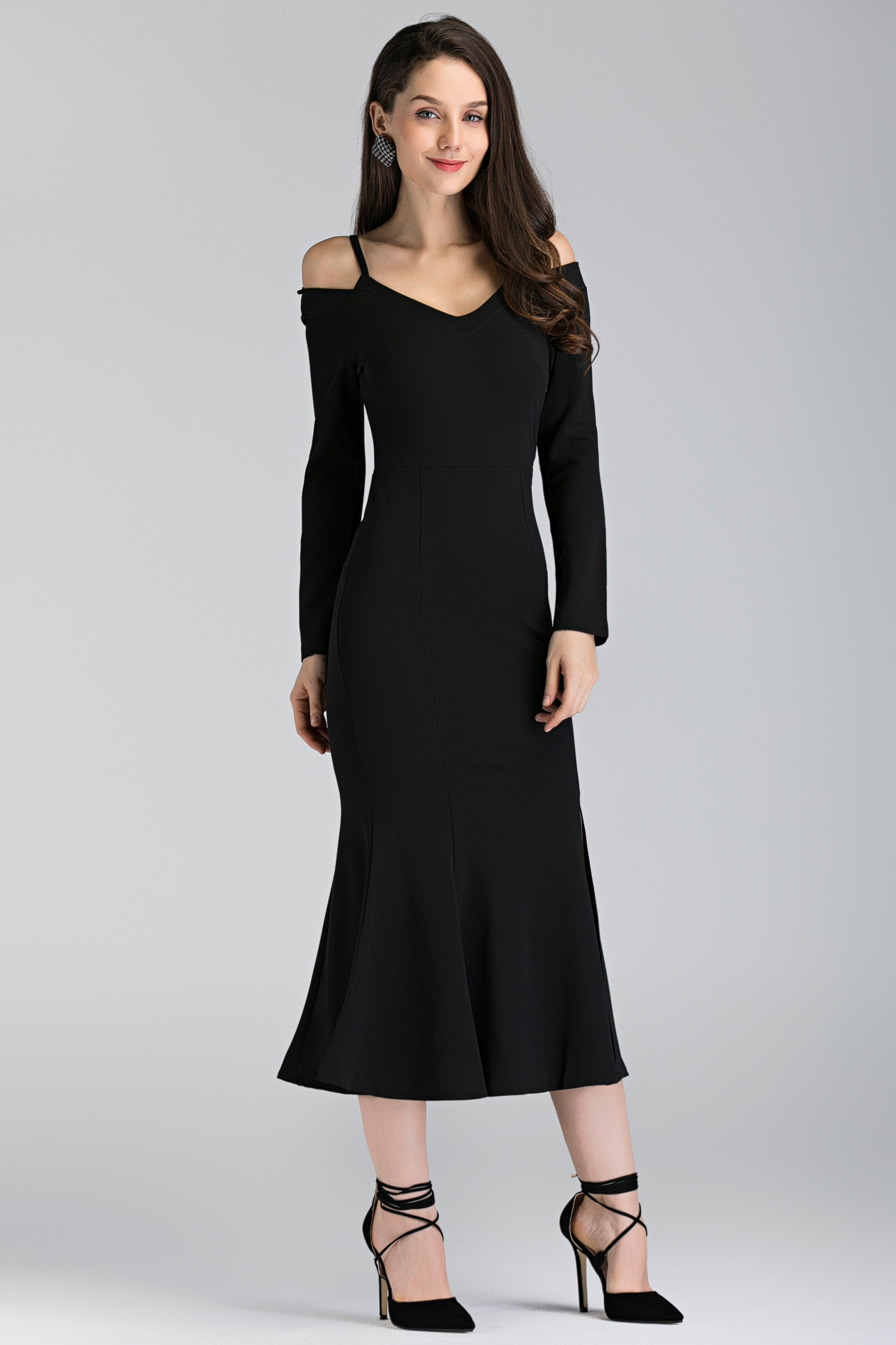 Black Trumpet Slit Midi Dress - ownthelooks-Development