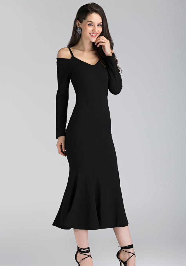 Black Trumpet Slit Midi Dress - ownthelooks-Development