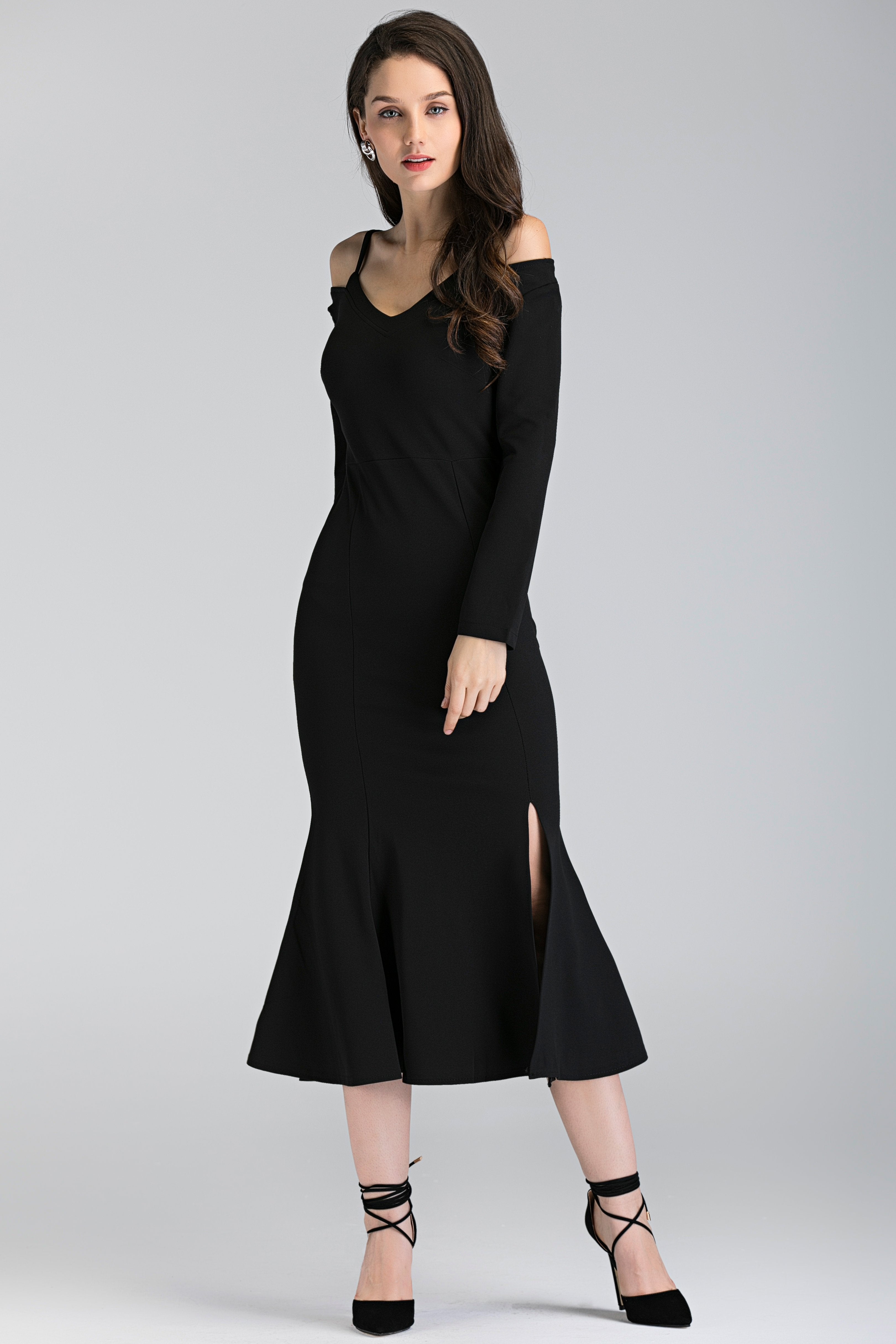 Black Trumpet Slit Midi Dress - ownthelooks-Development