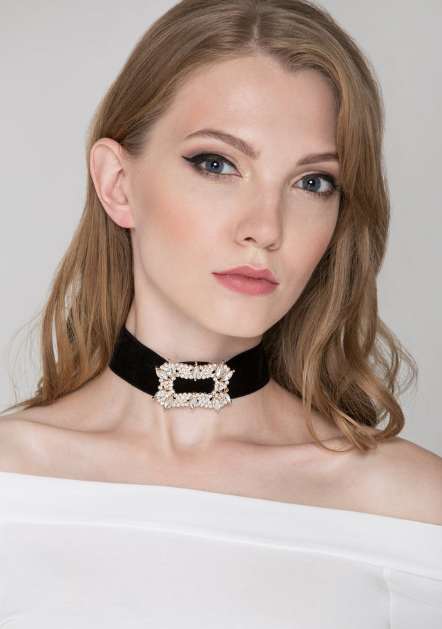 Deema Al Asadi - Black Velvet Diamond Buckle Choker Necklace - ownthelooks-Development