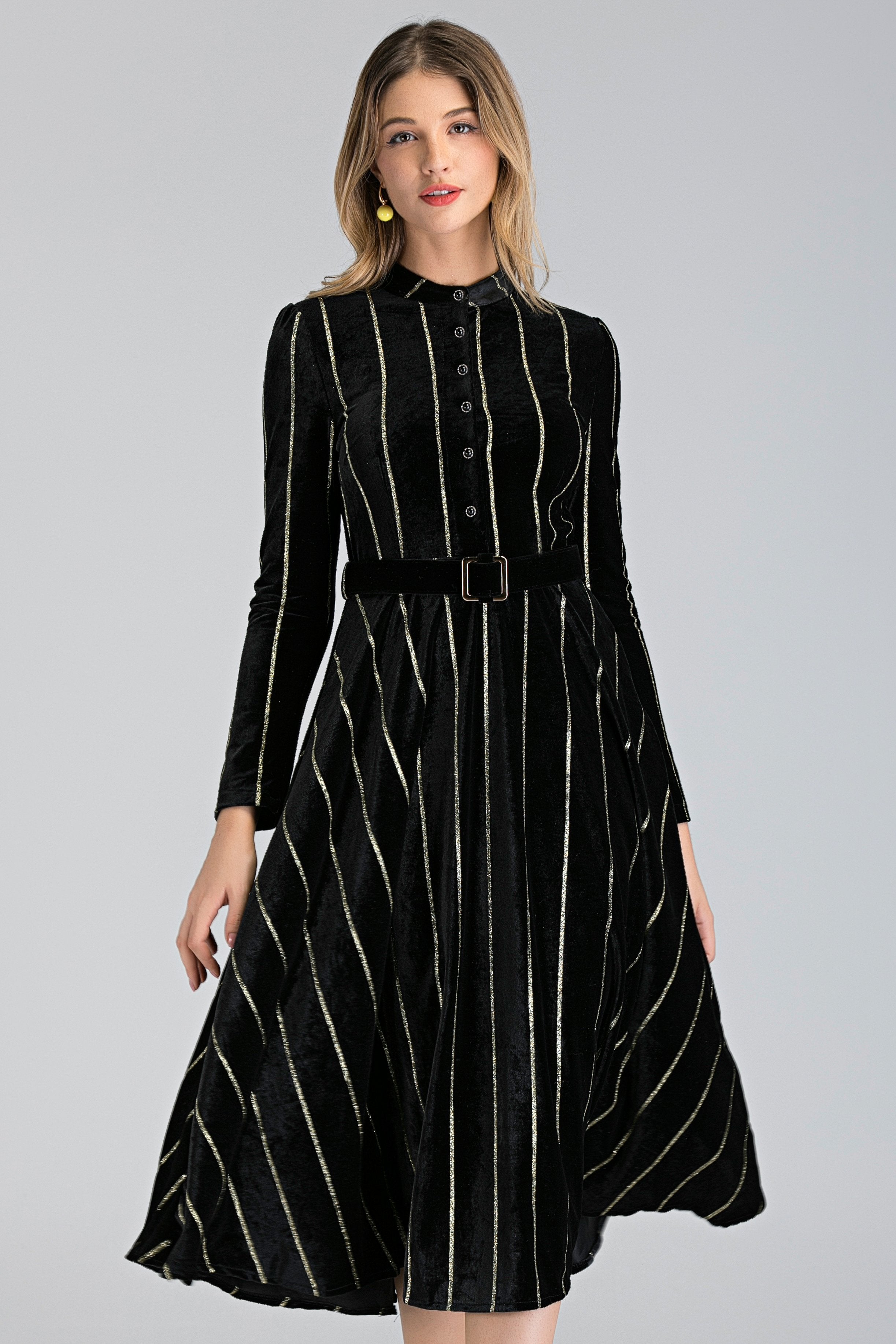 Black Velvet Gold Stripe Maxi Dress - ownthelooks-Development