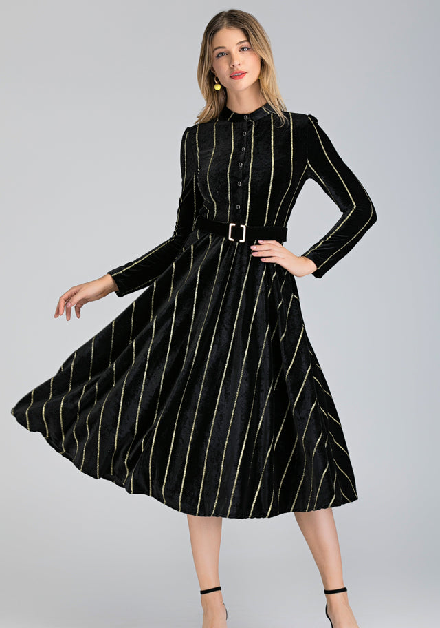 Black Velvet Gold Stripe Maxi Dress - ownthelooks-Development