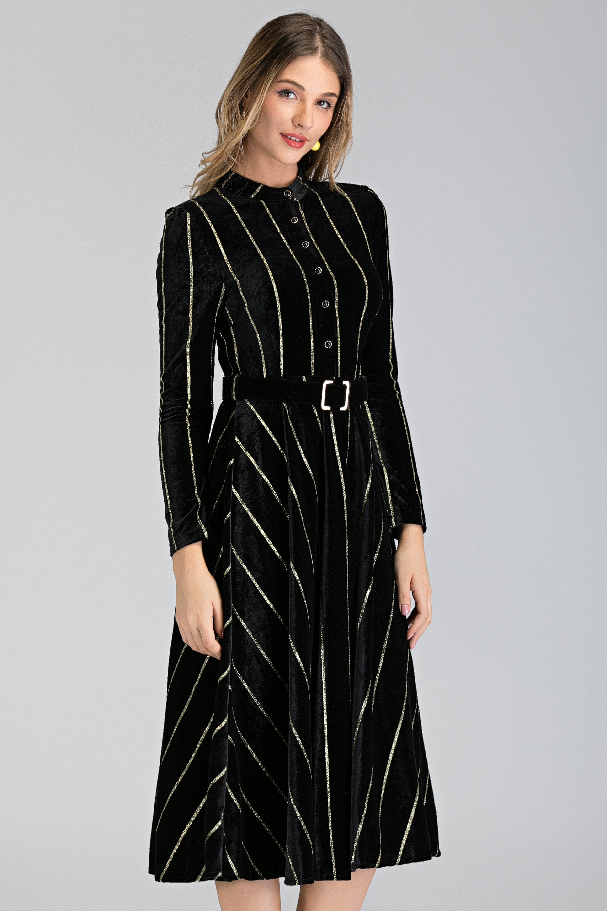 Black Velvet Gold Stripe Maxi Dress - ownthelooks-Development