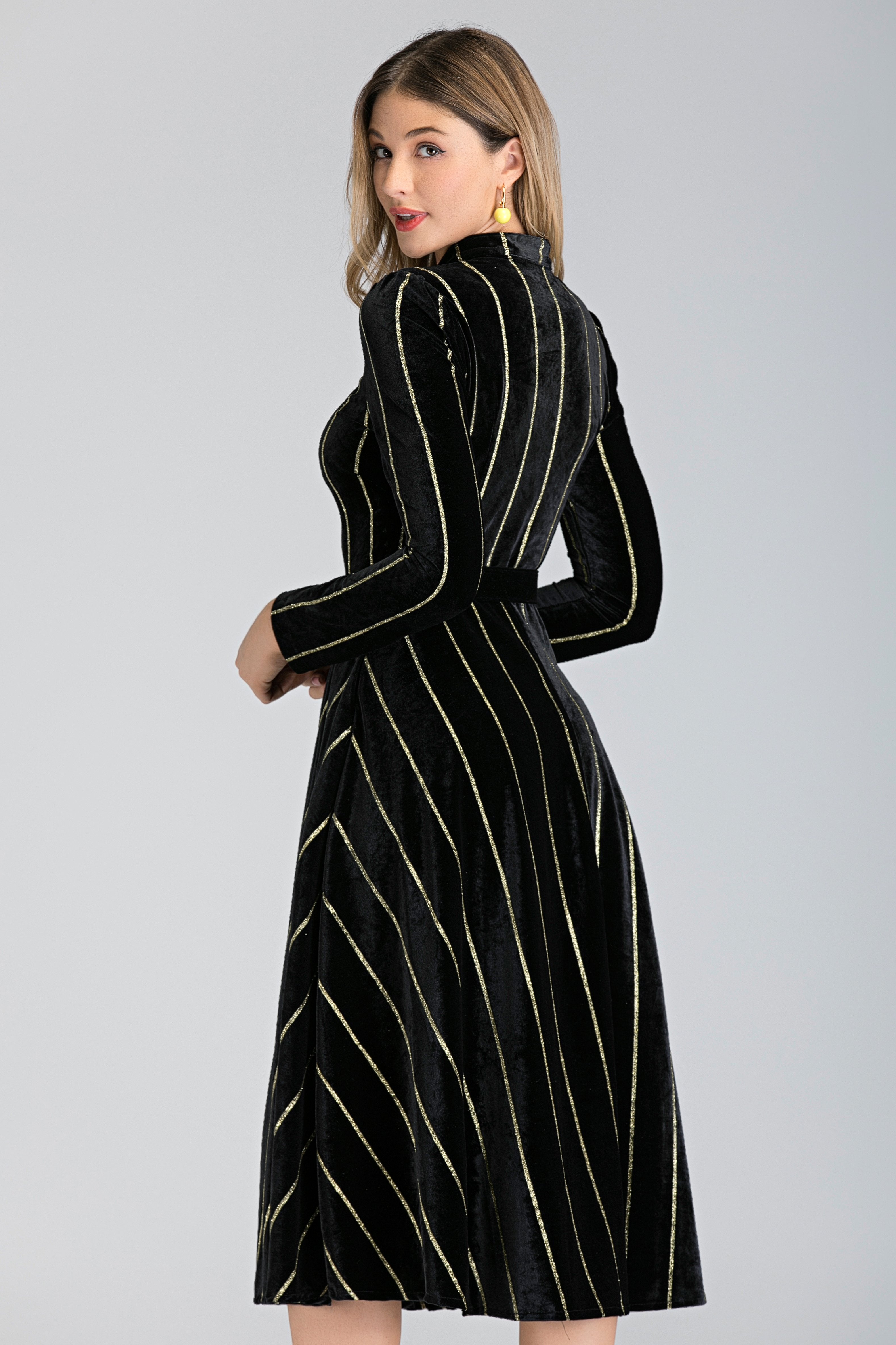 Black Velvet Gold Stripe Maxi Dress - ownthelooks-Development