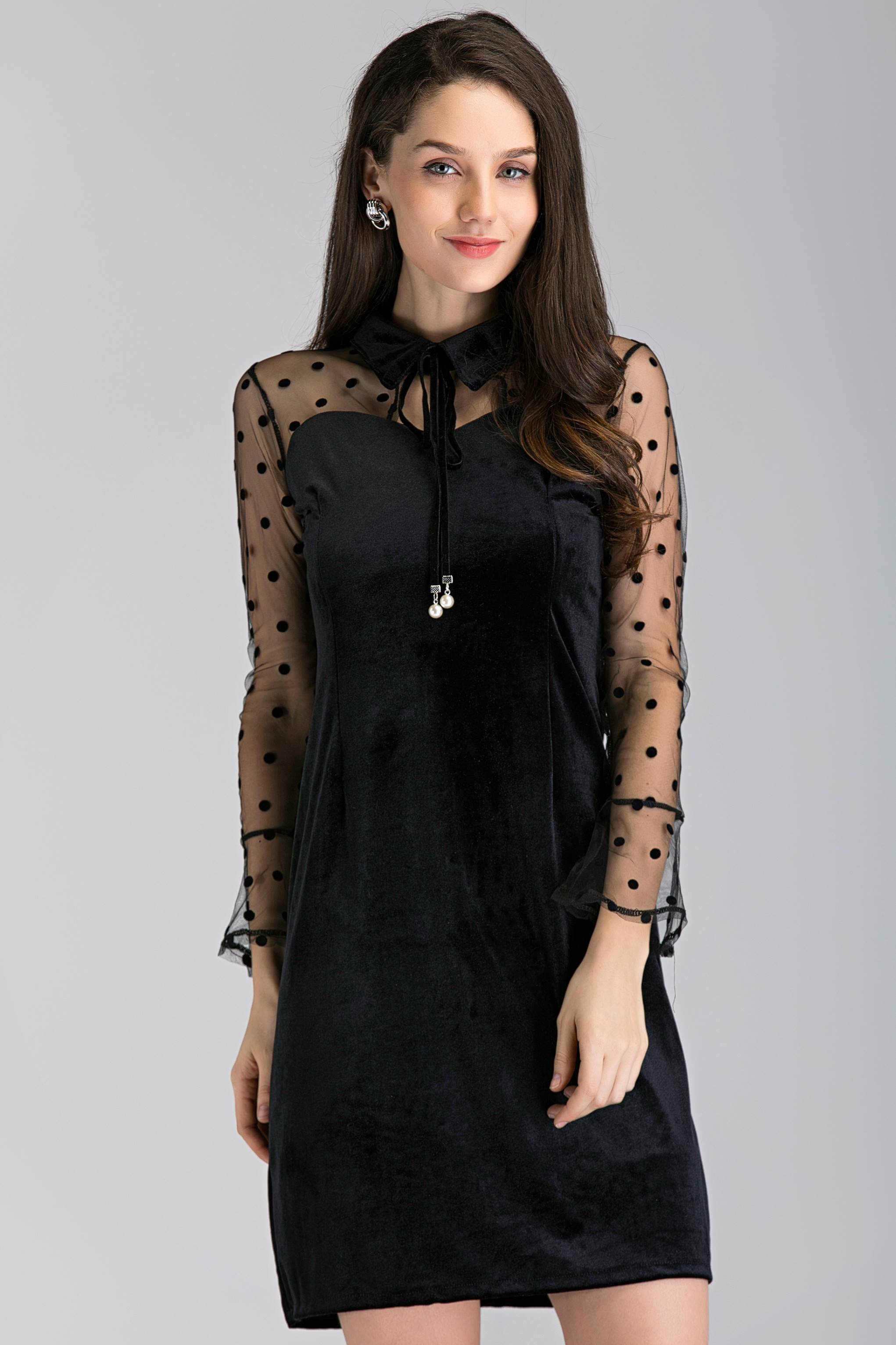 Black Velvet Sheer Sleeve Polka Dot Sleeve Midi Dress - ownthelooks-Development