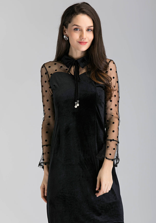 Black Velvet Sheer Sleeve Polka Dot Sleeve Midi Dress - ownthelooks-Development