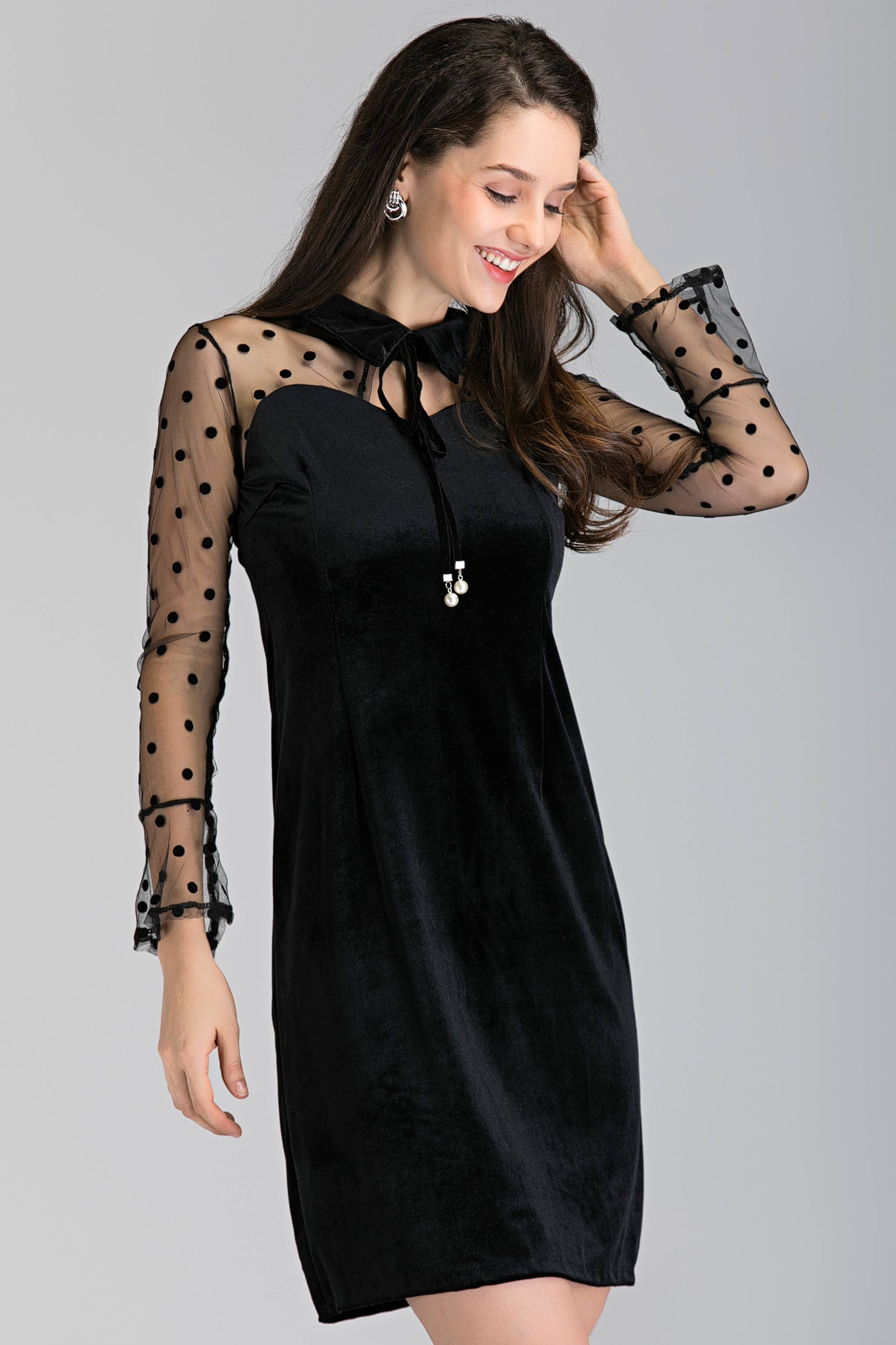 Black Velvet Sheer Sleeve Polka Dot Sleeve Midi Dress - ownthelooks-Development