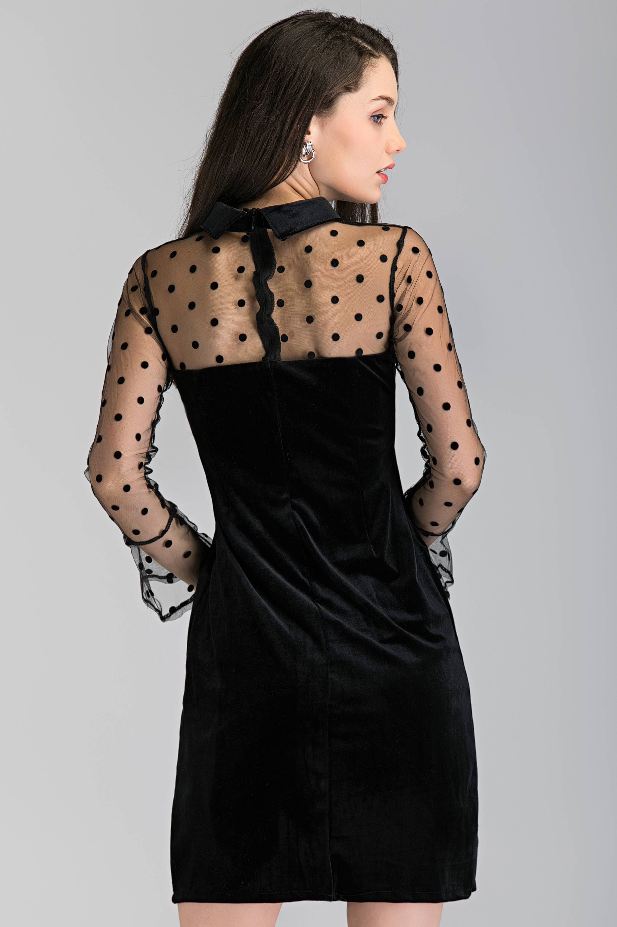 Black Velvet Sheer Sleeve Polka Dot Sleeve Midi Dress - ownthelooks-Development