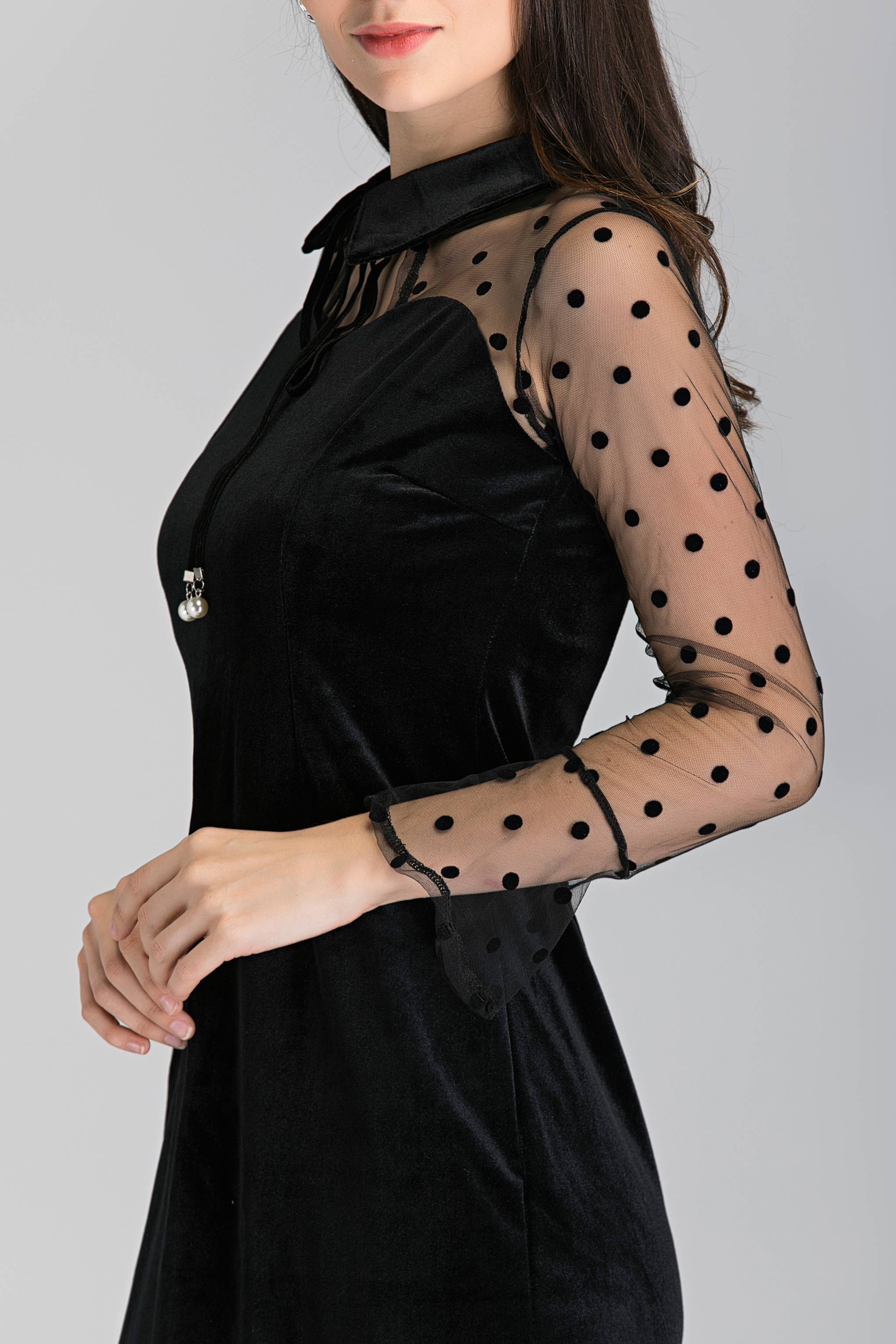 Black Velvet Sheer Sleeve Polka Dot Sleeve Midi Dress - ownthelooks-Development