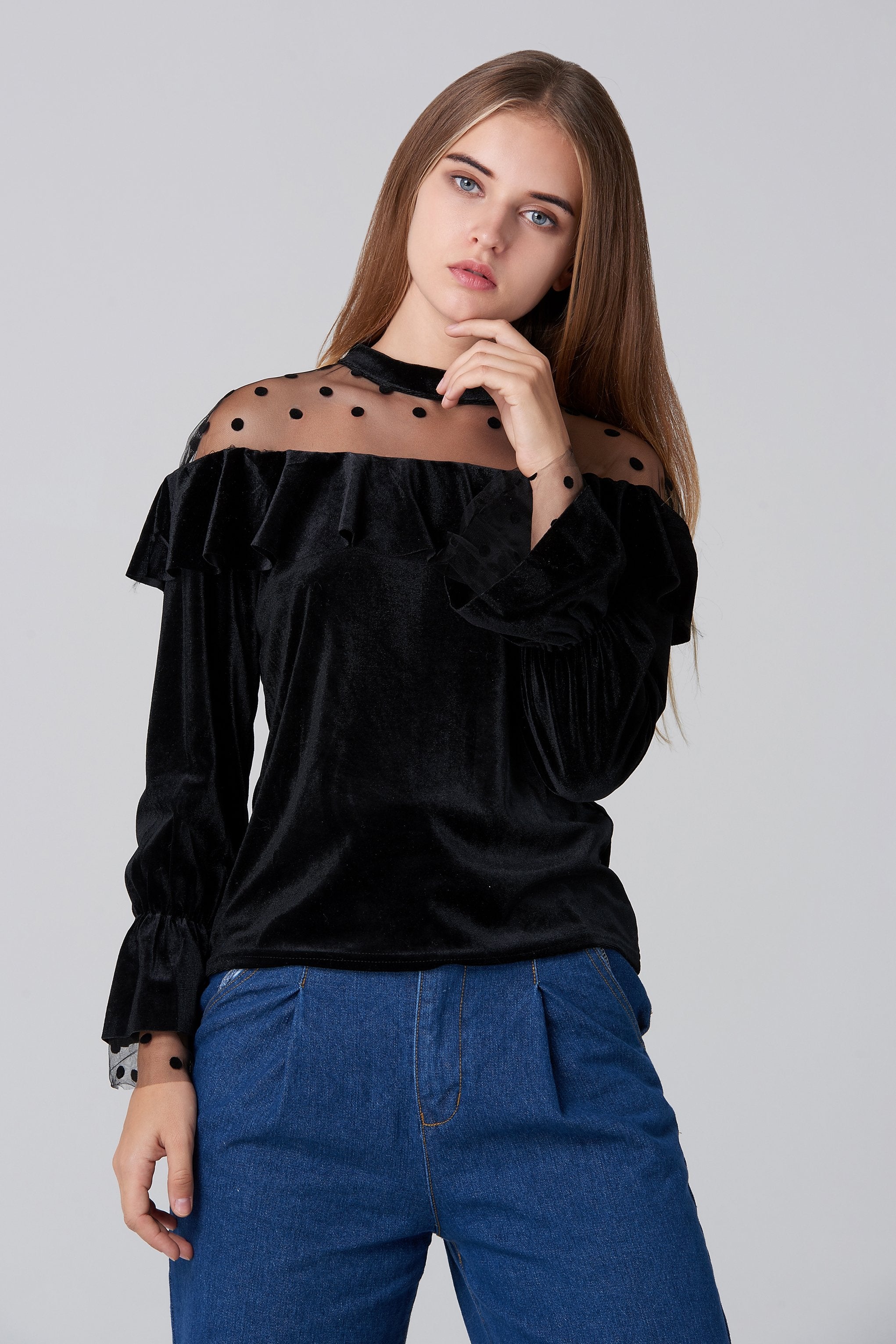 Black Velvet Sheer Yoke Bardot Top - ownthelooks-Development