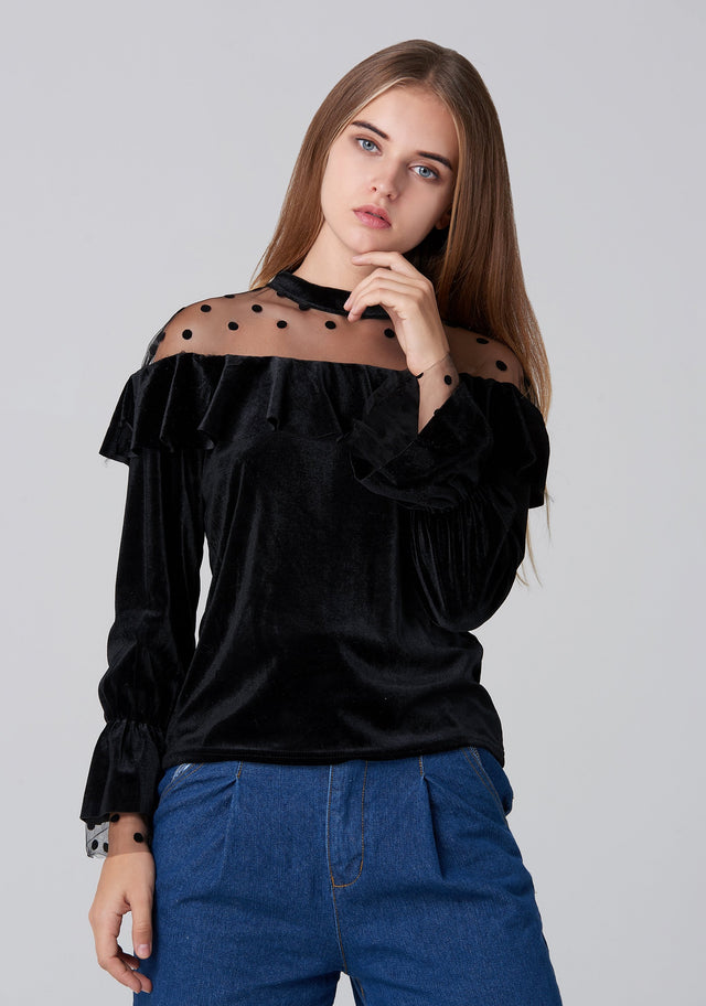 Black Velvet Sheer Yoke Bardot Top - ownthelooks-Development
