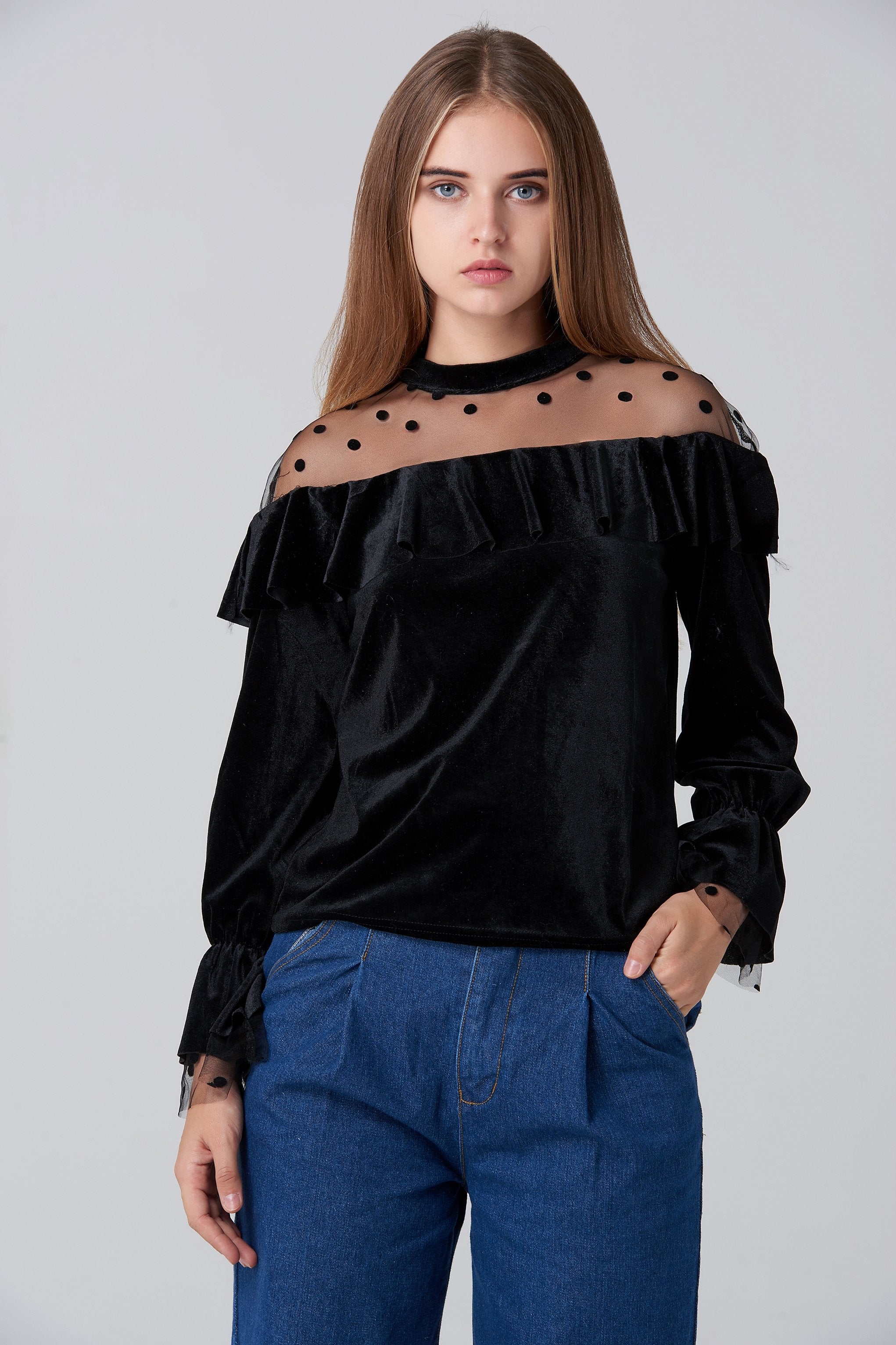 Black Velvet Sheer Yoke Bardot Top - ownthelooks-Development