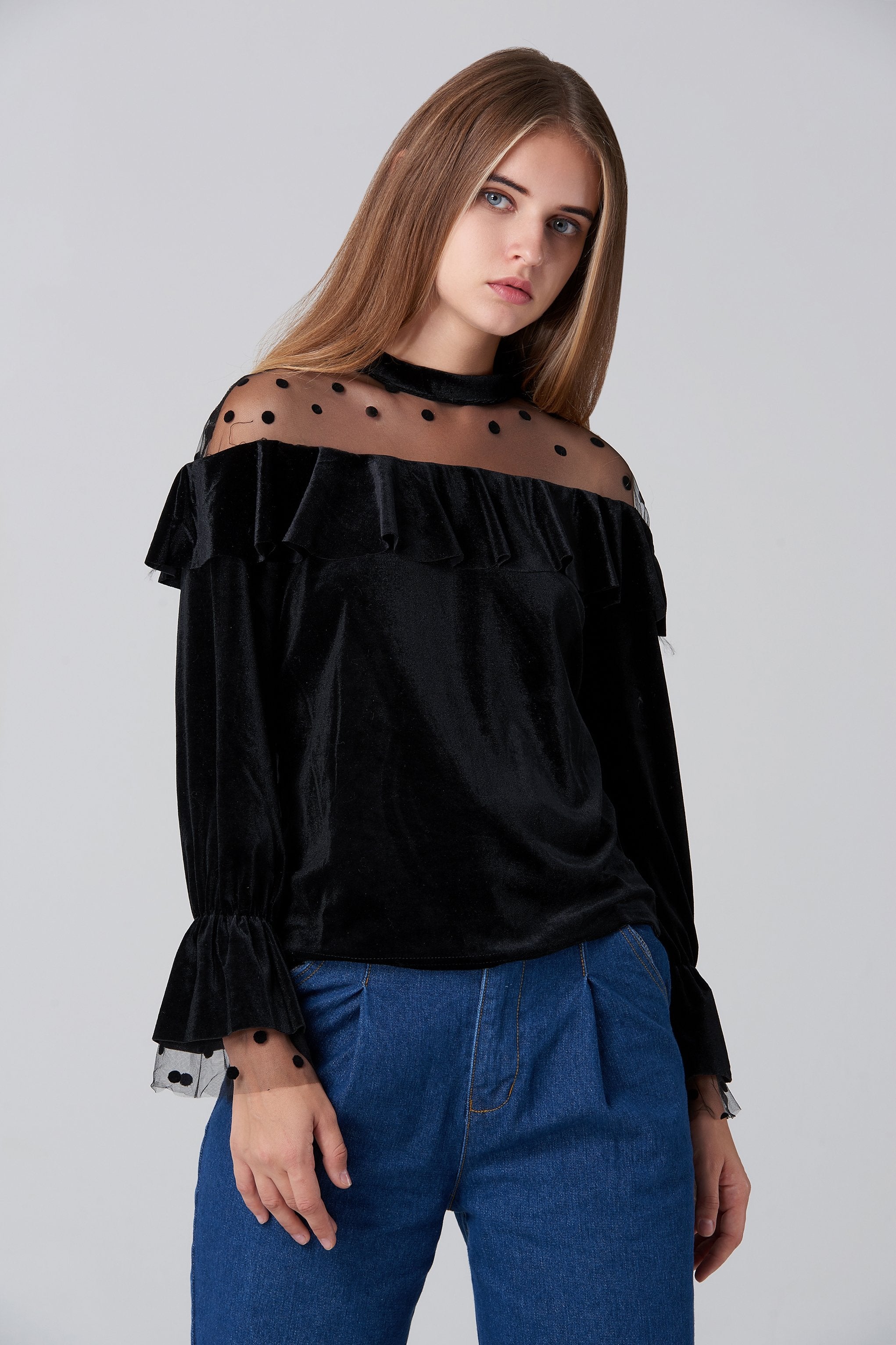 Black Velvet Sheer Yoke Bardot Top - ownthelooks-Development
