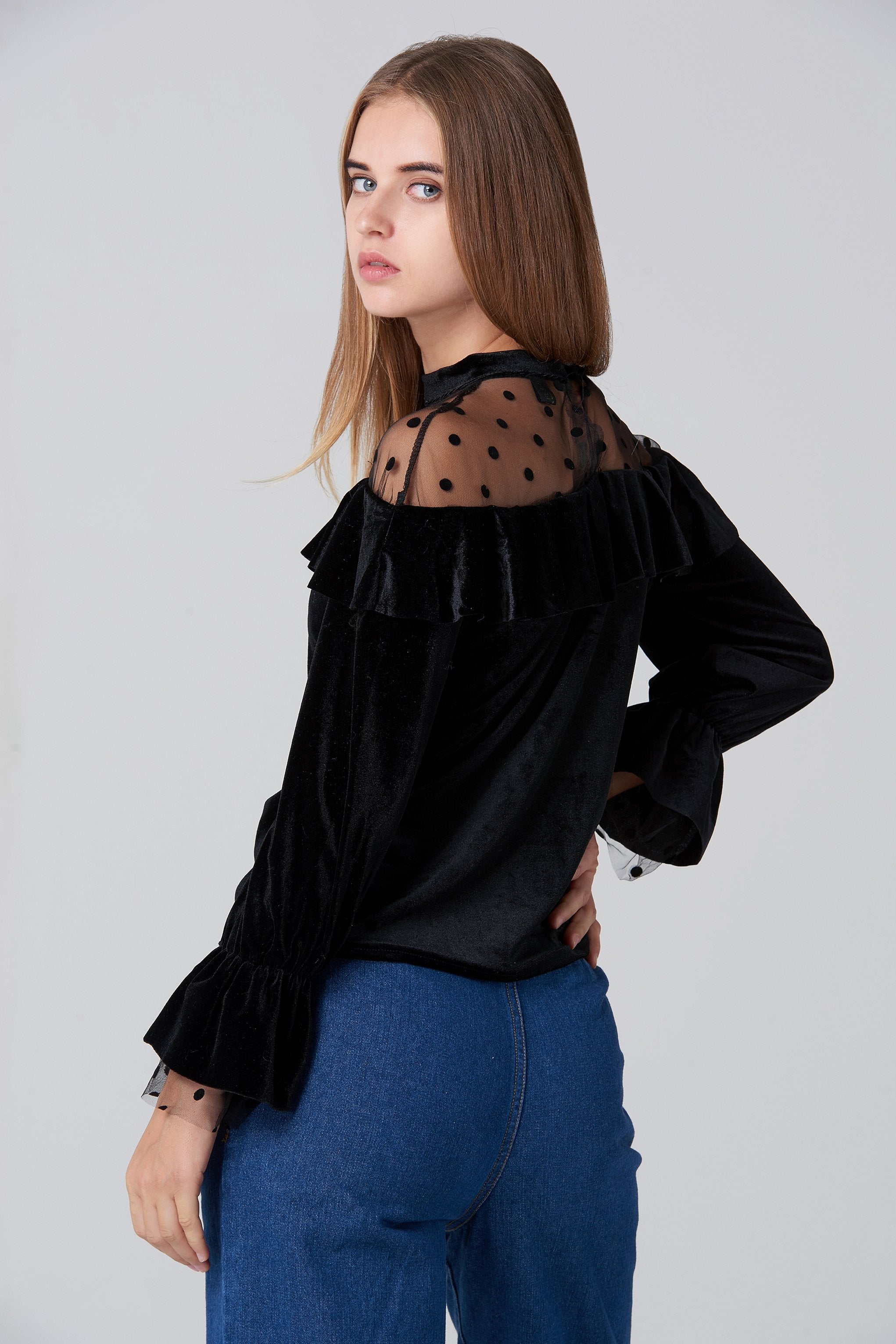 Black Velvet Sheer Yoke Bardot Top - ownthelooks-Development