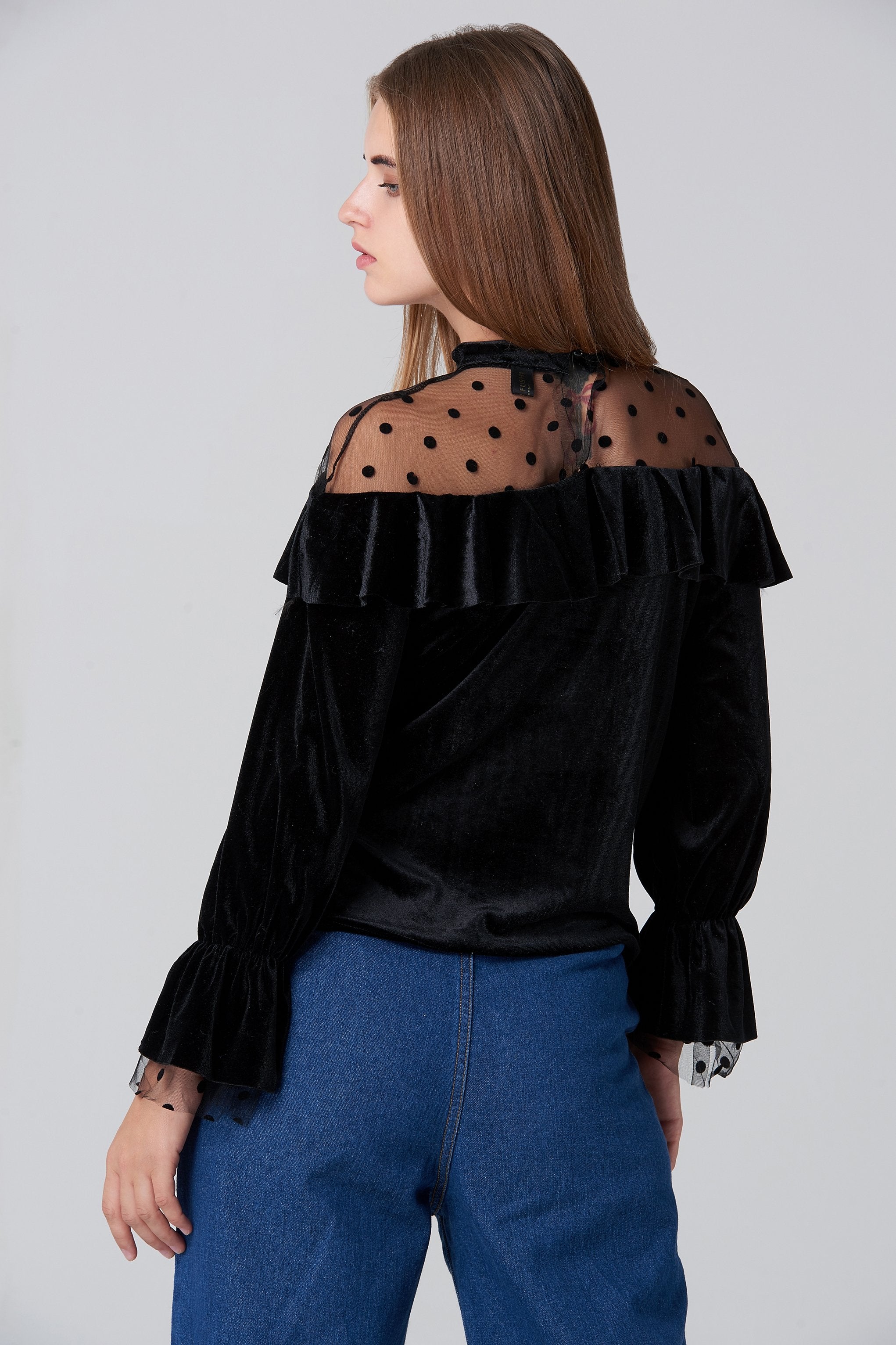 Black Velvet Sheer Yoke Bardot Top - ownthelooks-Development