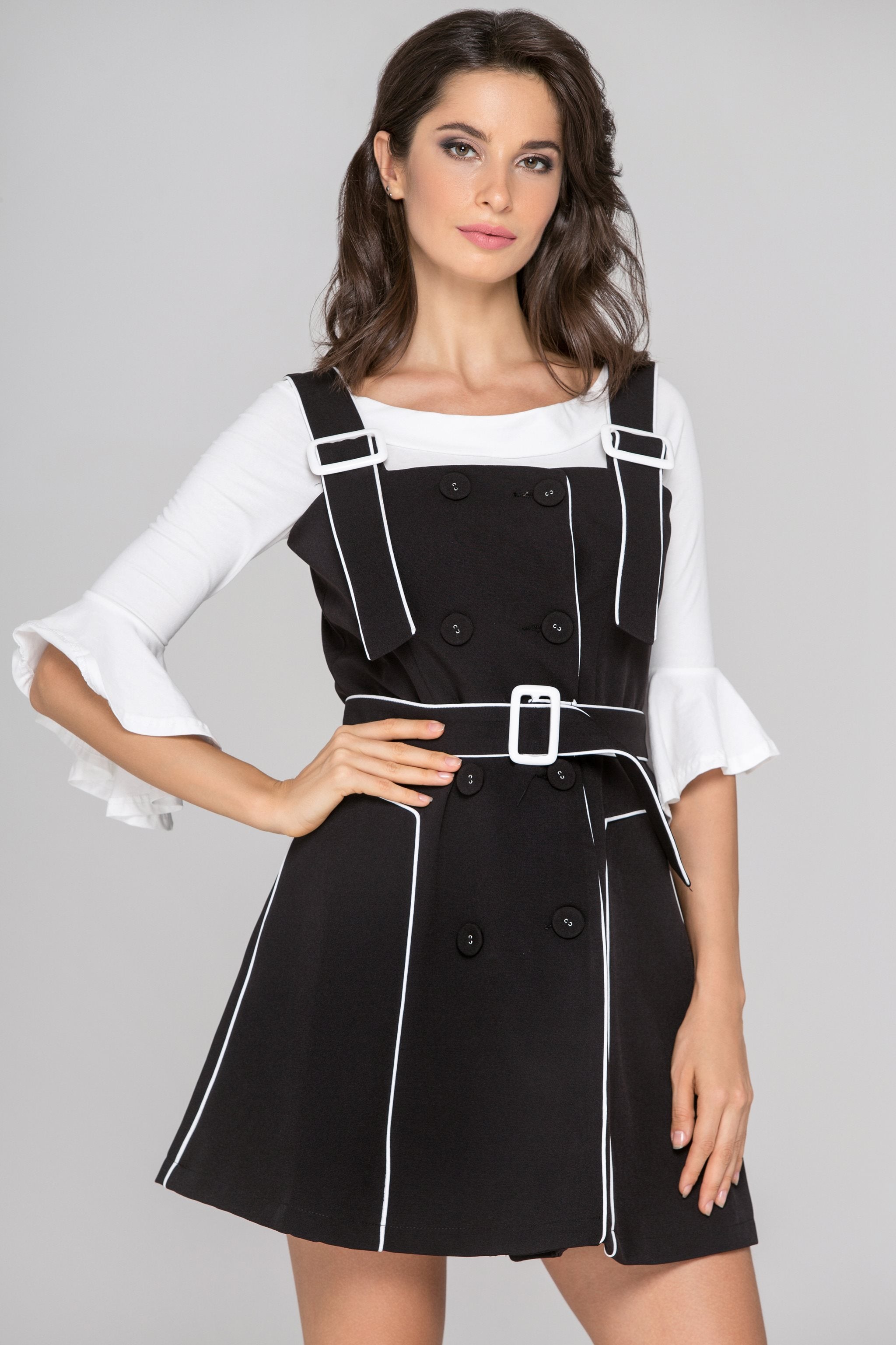 Black White Trim Double Button Two Piece Mini Dress - ownthelooks-Development