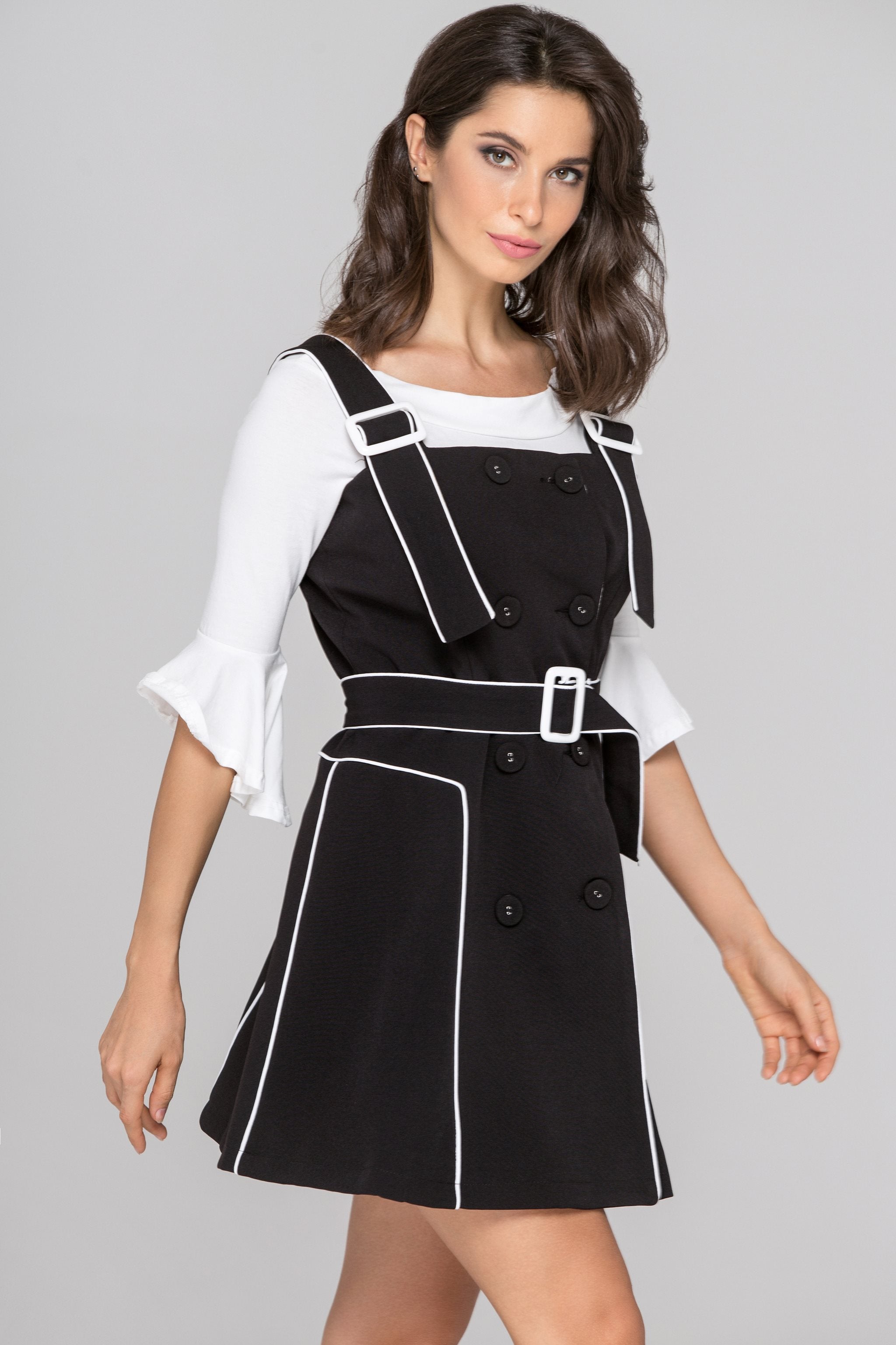 Black White Trim Double Button Two Piece Mini Dress - ownthelooks-Development