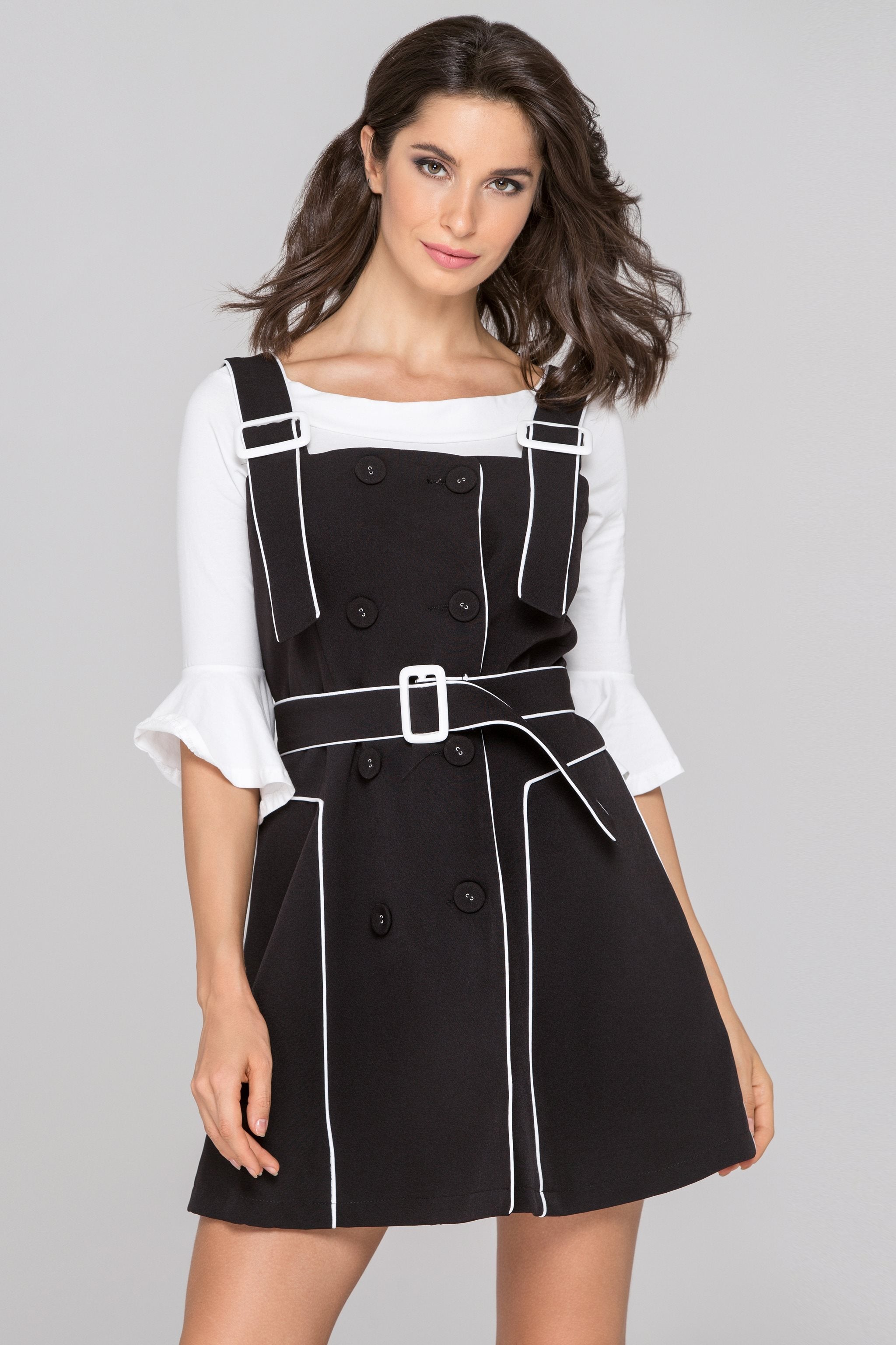 Black White Trim Double Button Two Piece Mini Dress - ownthelooks-Development
