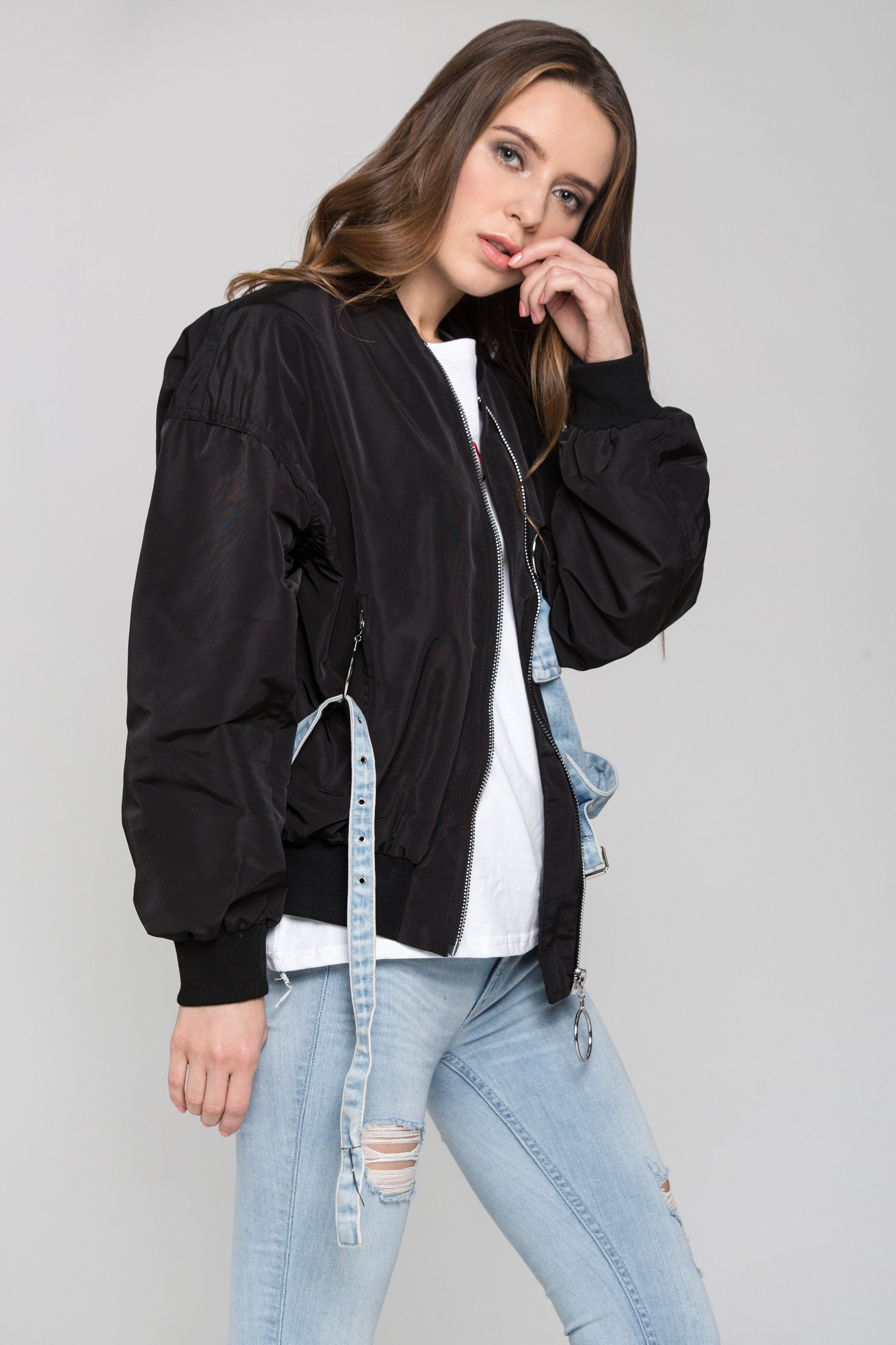 Black and Denim Panel Bomber Jacket - ownthelooks-Development