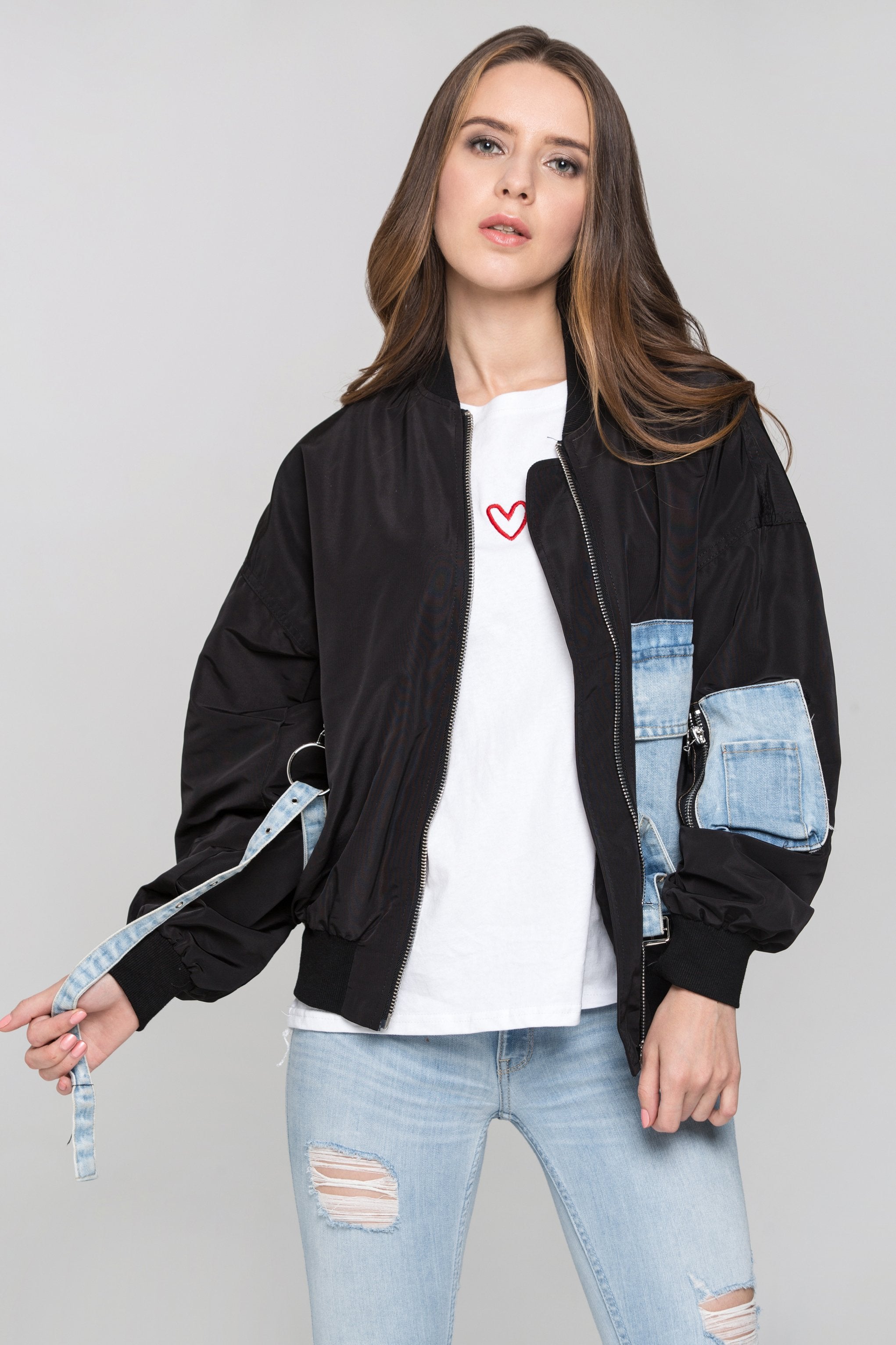 Black and Denim Panel Bomber Jacket - ownthelooks-Development