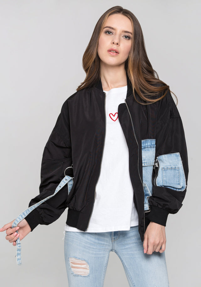 Black and Denim Panel Bomber Jacket - ownthelooks-Development