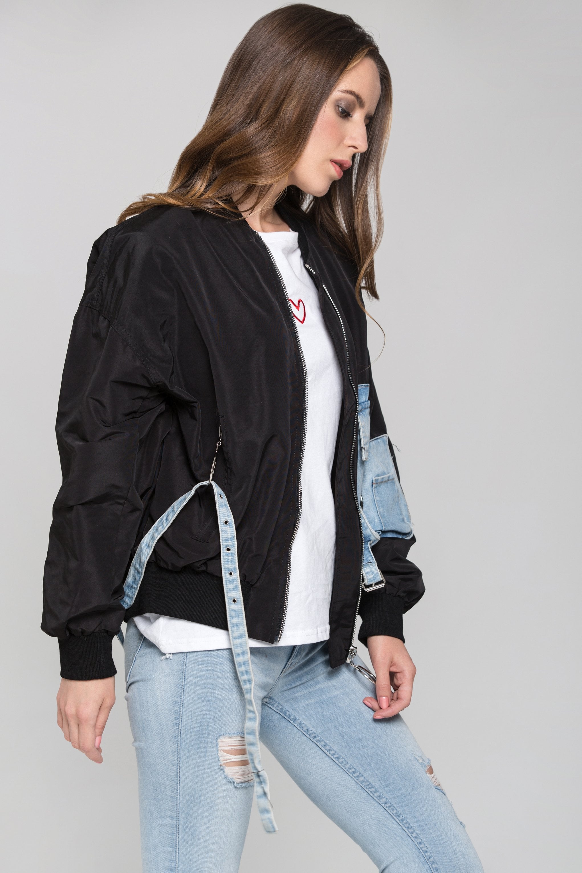 Black and Denim Panel Bomber Jacket - ownthelooks-Development