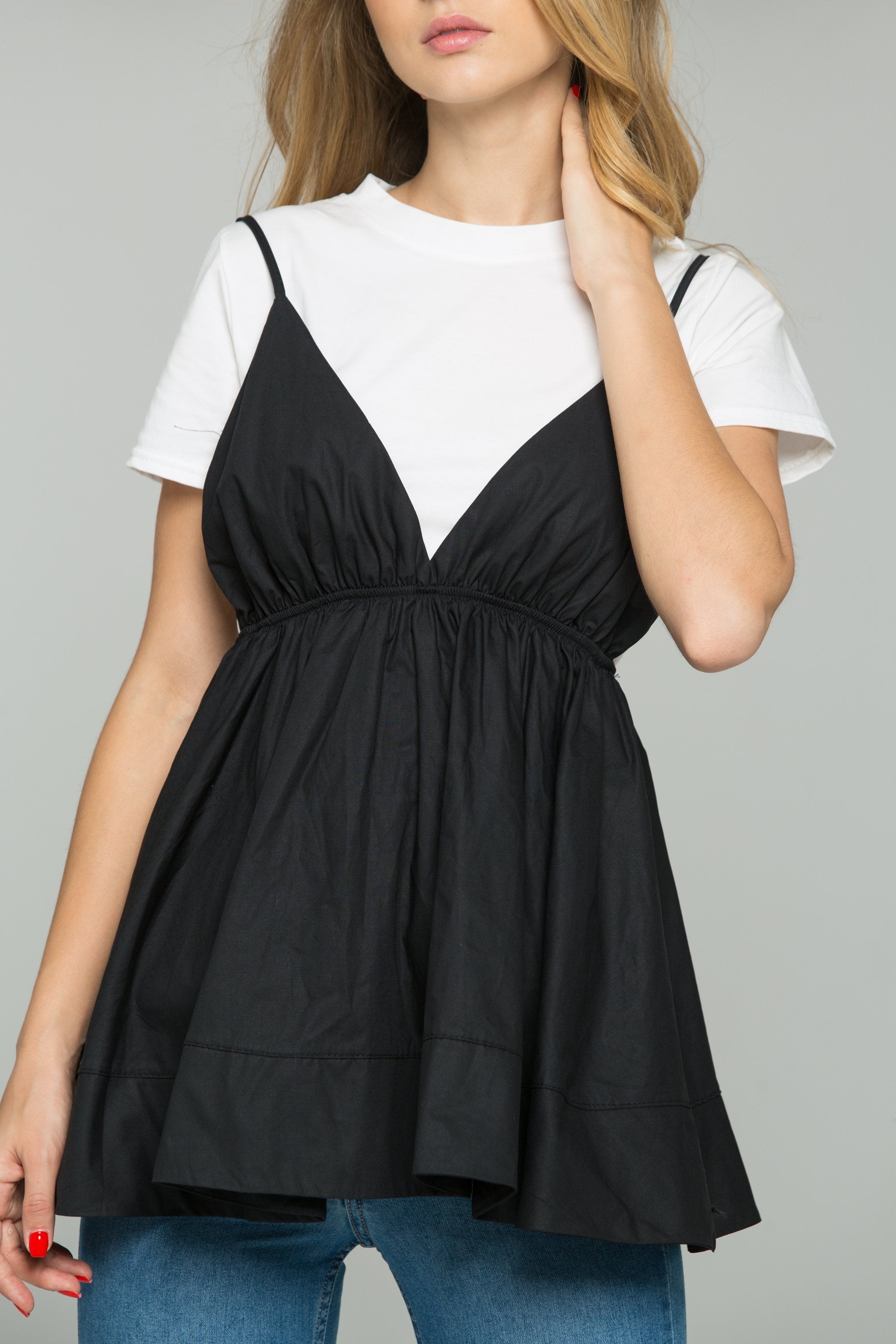 Black and White Babydoll Spaghetti Strap Top Set - ownthelooks-Development