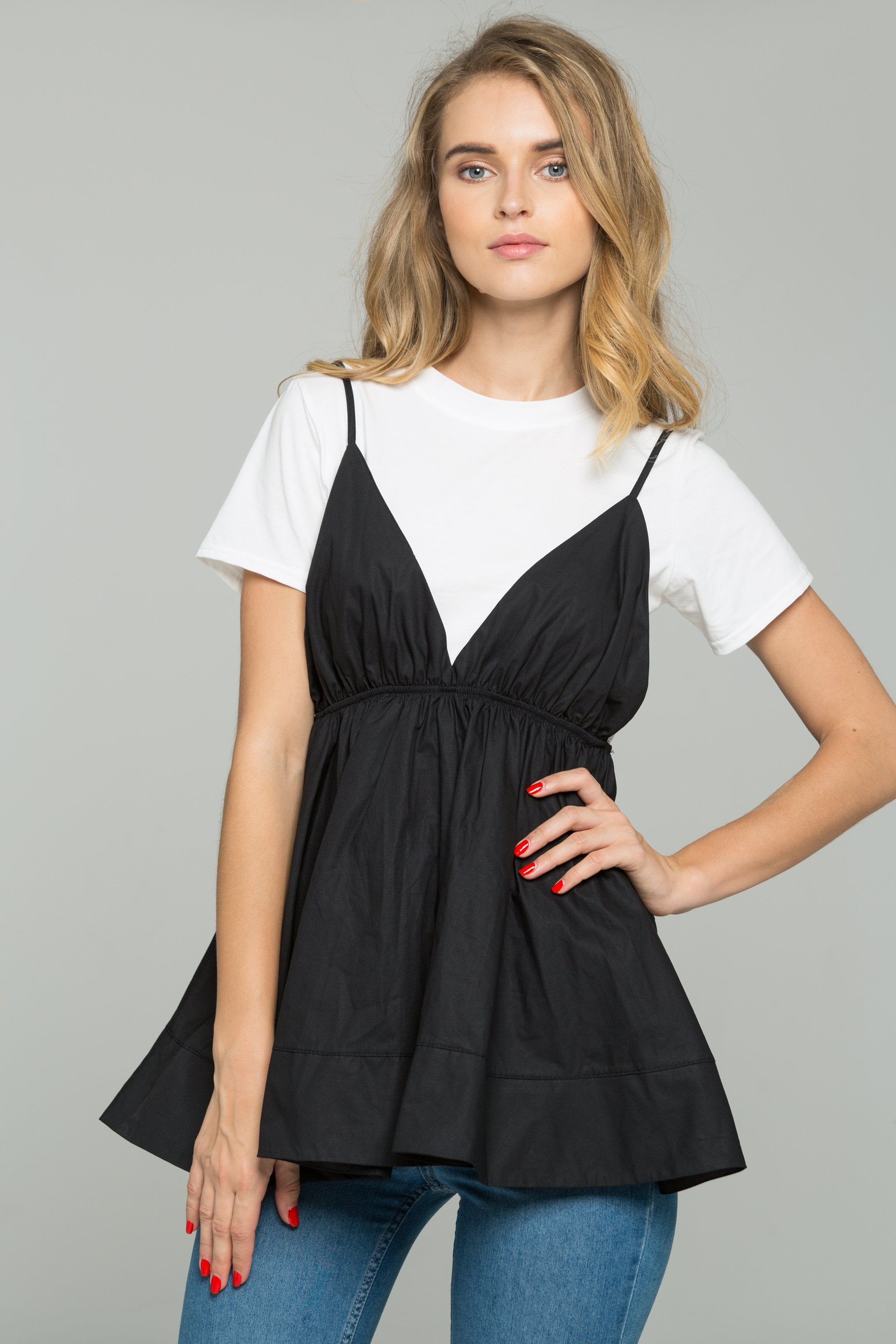 Black and White Babydoll Spaghetti Strap Top Set - ownthelooks-Development